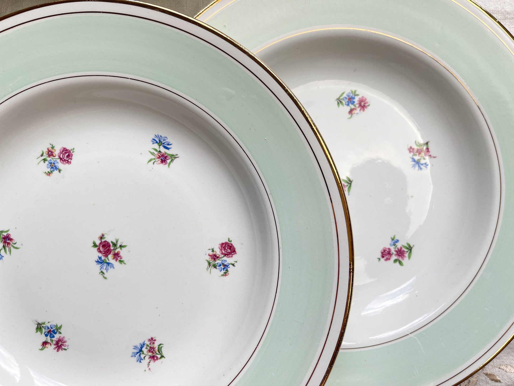 6 Assiettes à soupe vintage porcelaine blanche verte fleurie SALINS 66 de 1950s
