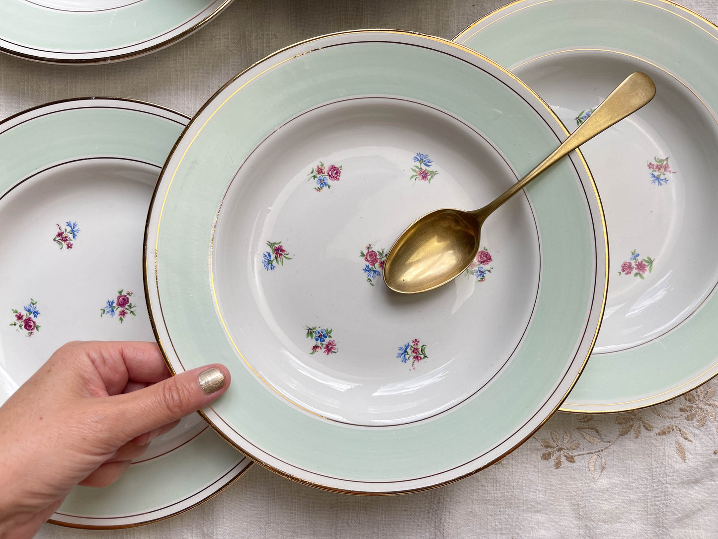 6 Assiettes à soupe vintage porcelaine blanche verte fleurie SALINS 66 de 1950s