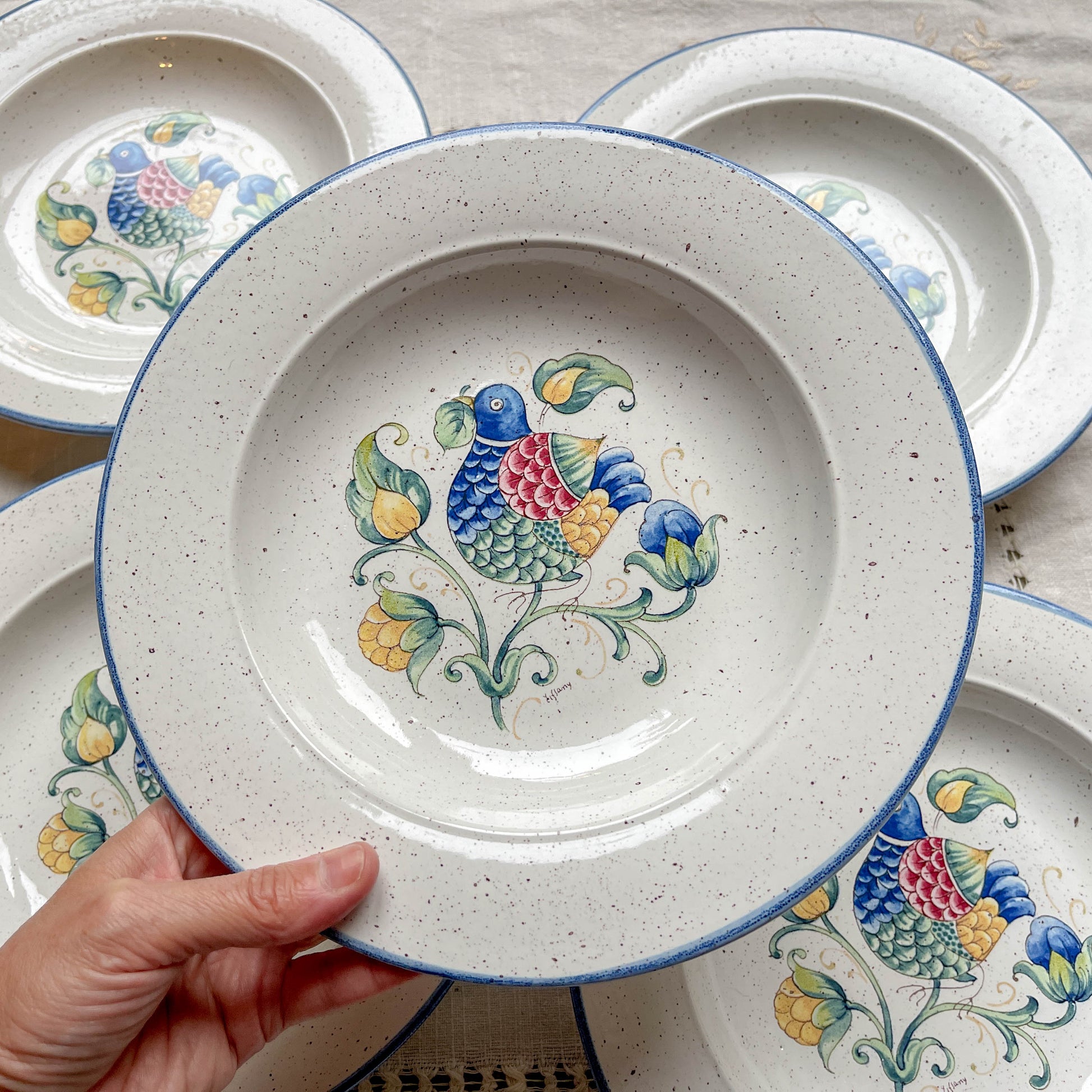 5 Assiettes Creuses en Faïence Italienne mouchetée "TIFFANY" – Motif Oiseau Vintage