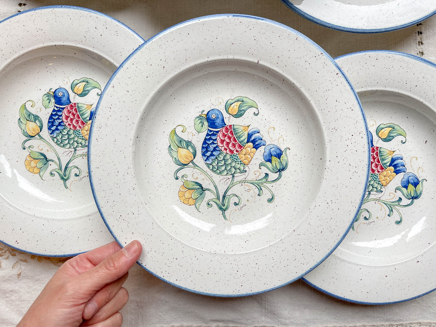 6 Assiettes Creuses en Faïence Italienne mouchetée "TIFFANY" – Motif Oiseau Vintage