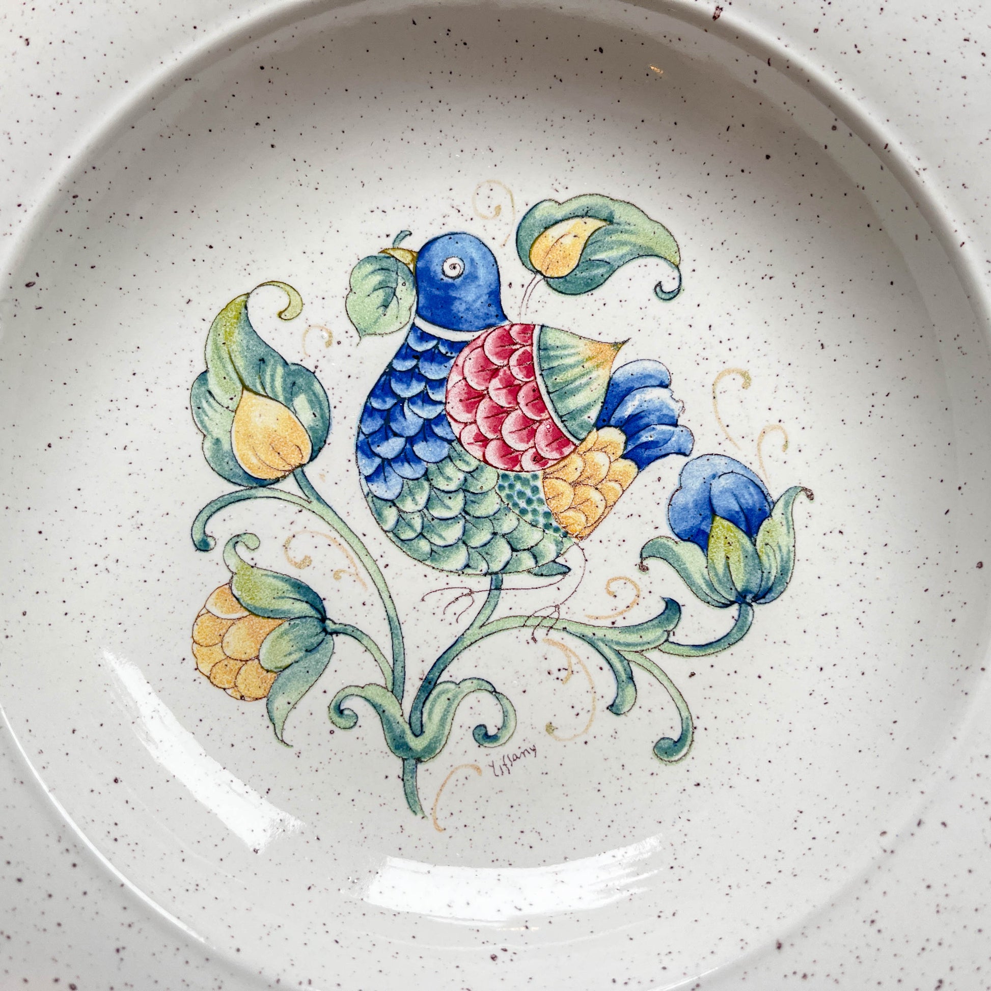 Assiettes Creuses en Faïence Italienne mouchetée "TIFFANY" – Motif Oiseau Vintage