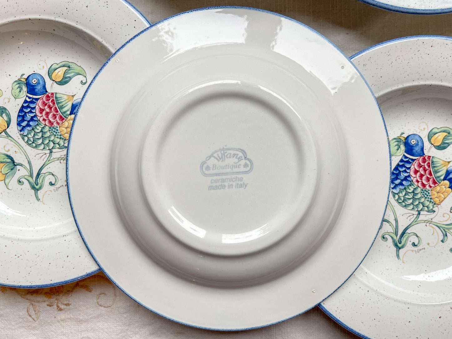 6 Assiettes Creuses en Faïence Italienne mouchetée "TIFFANY" – Motif Oiseau Vintage