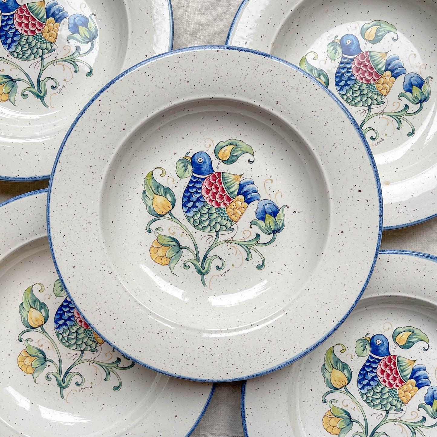 5 Assiettes Creuses en Faïence Italienne mouchetée "TIFFANY" – Motif Oiseau Vintage