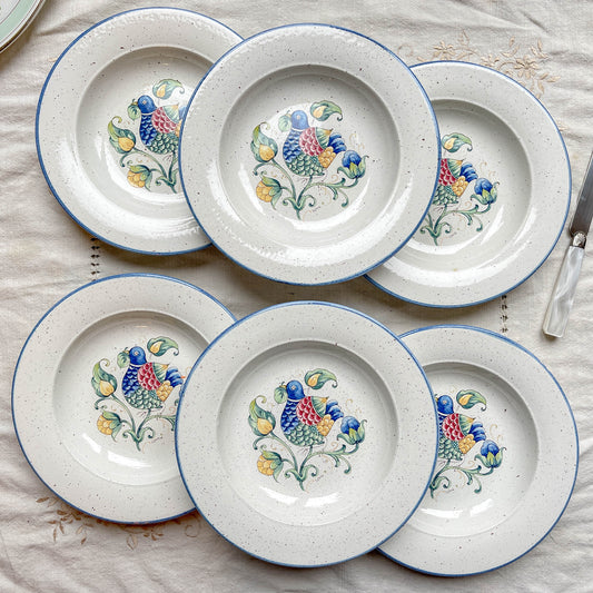 6 Assiettes Creuses en Faïence Italienne mouchetée "TIFFANY" – Motif Oiseau Vintage
