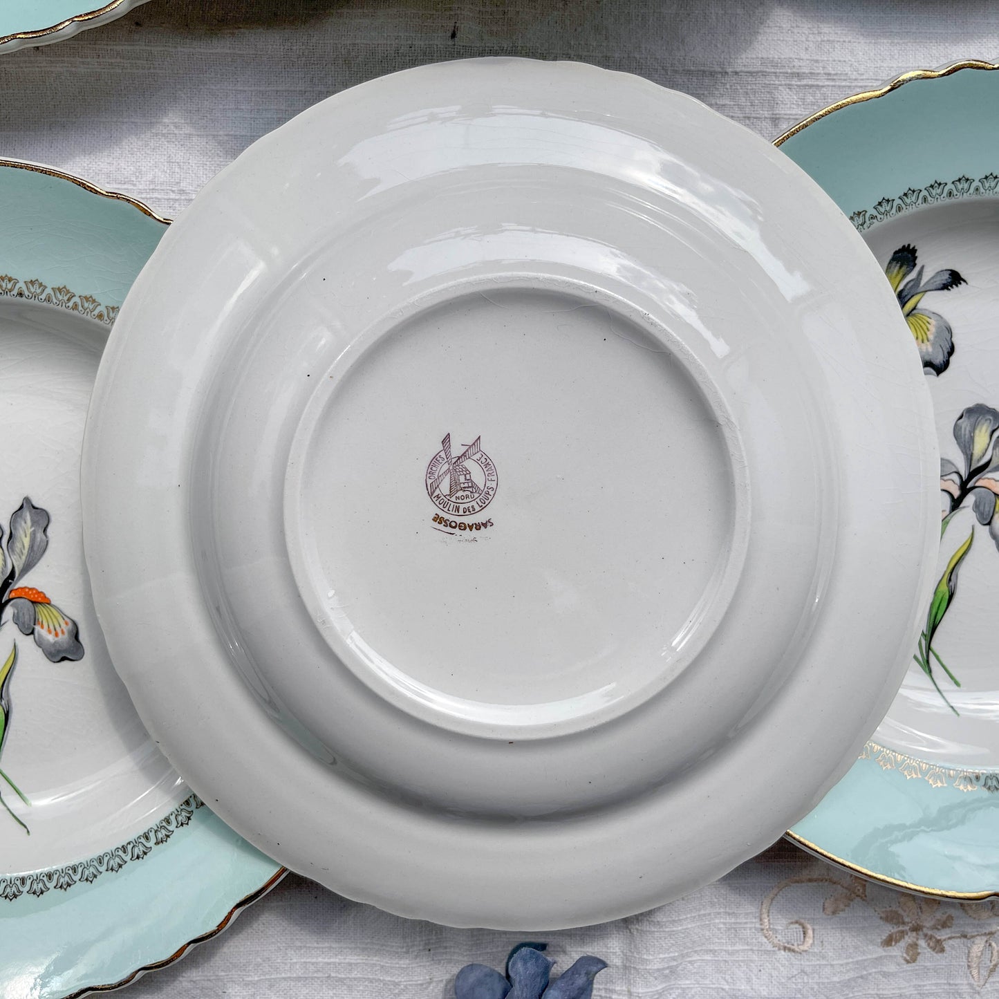 6 Assiettes creuses porcelaine vintage blanche verte Iris Moulin des Loups "Sargosse" 1950s