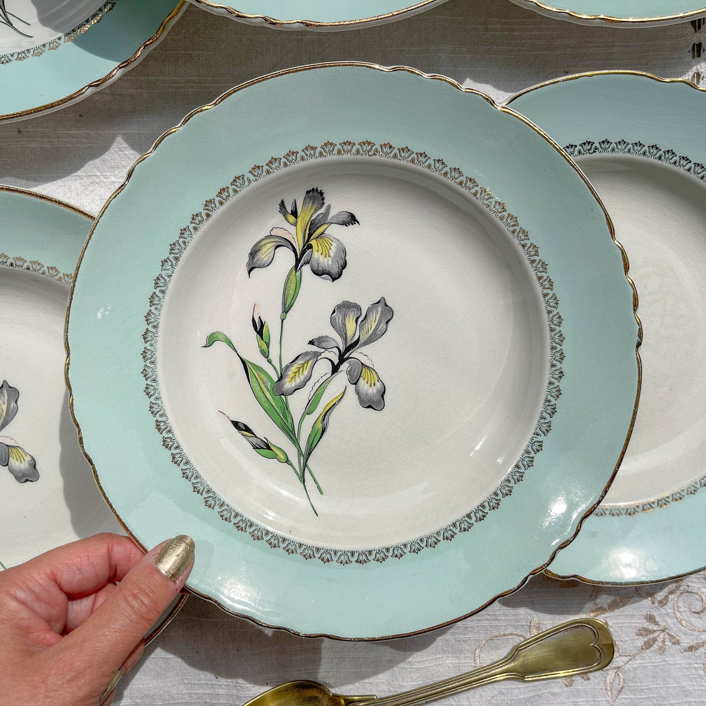 6 Assiettes creuses porcelaine vintage blanche verte Iris Moulin des Loups "Sargosse" 1950s