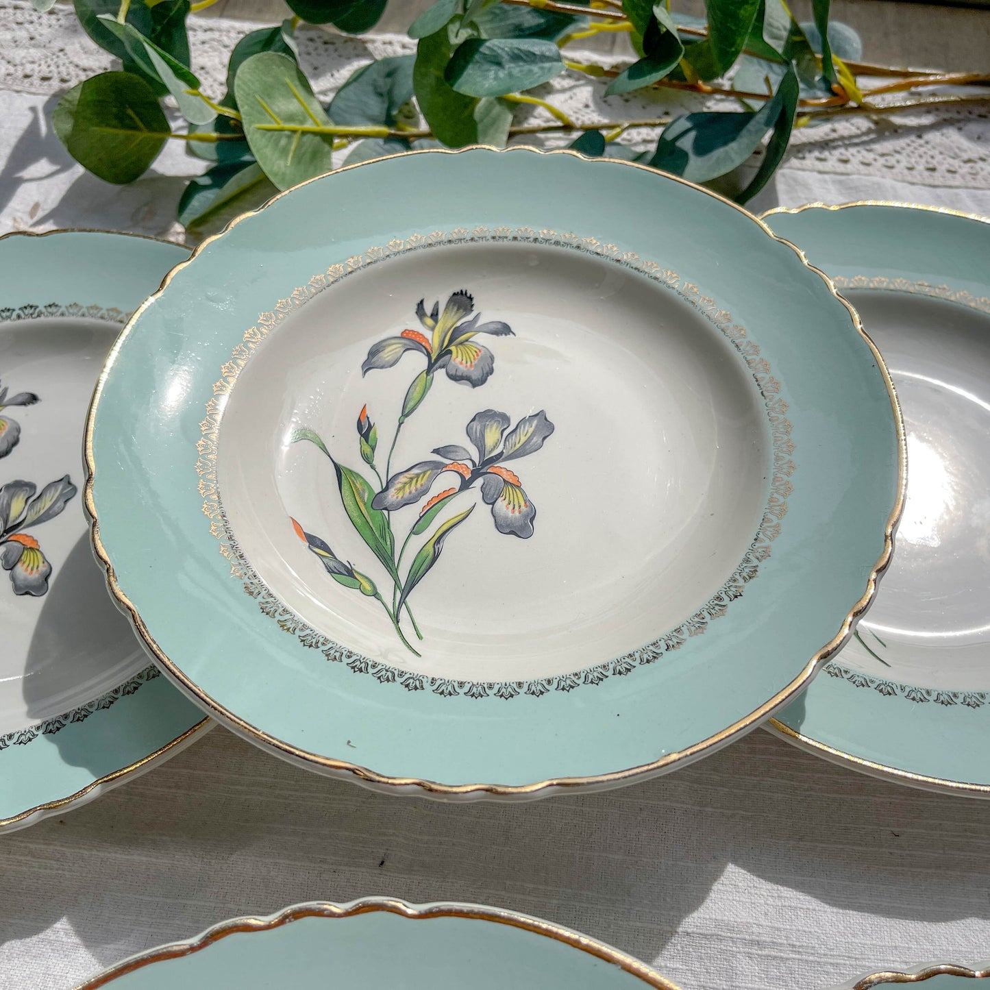 6 Assiettes creuses porcelaine vintage blanche verte Iris Moulin des Loups "Sargosse" 1950s