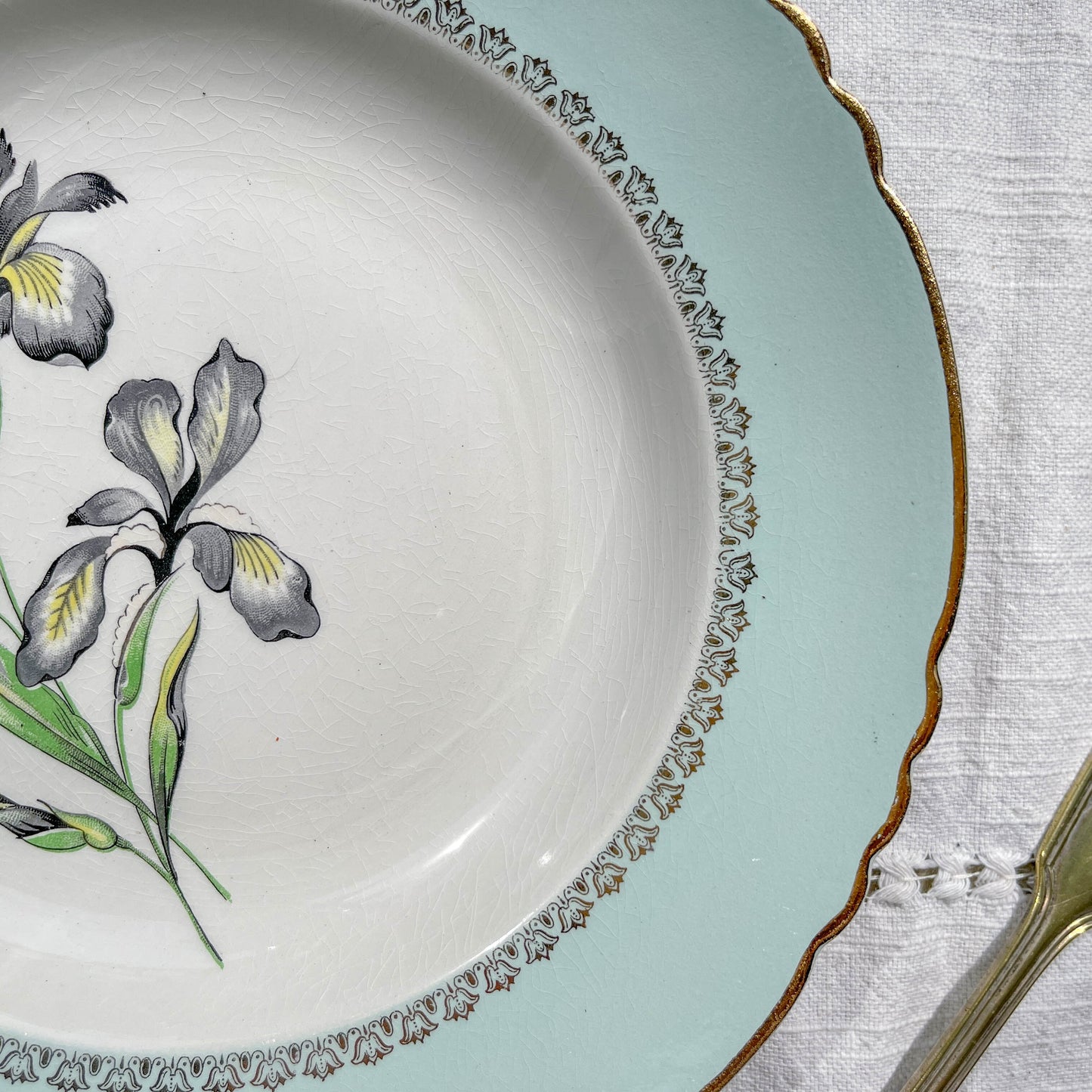 6 Assiettes creuses porcelaine vintage blanche verte Iris Moulin des Loups "Sargosse" 1950s