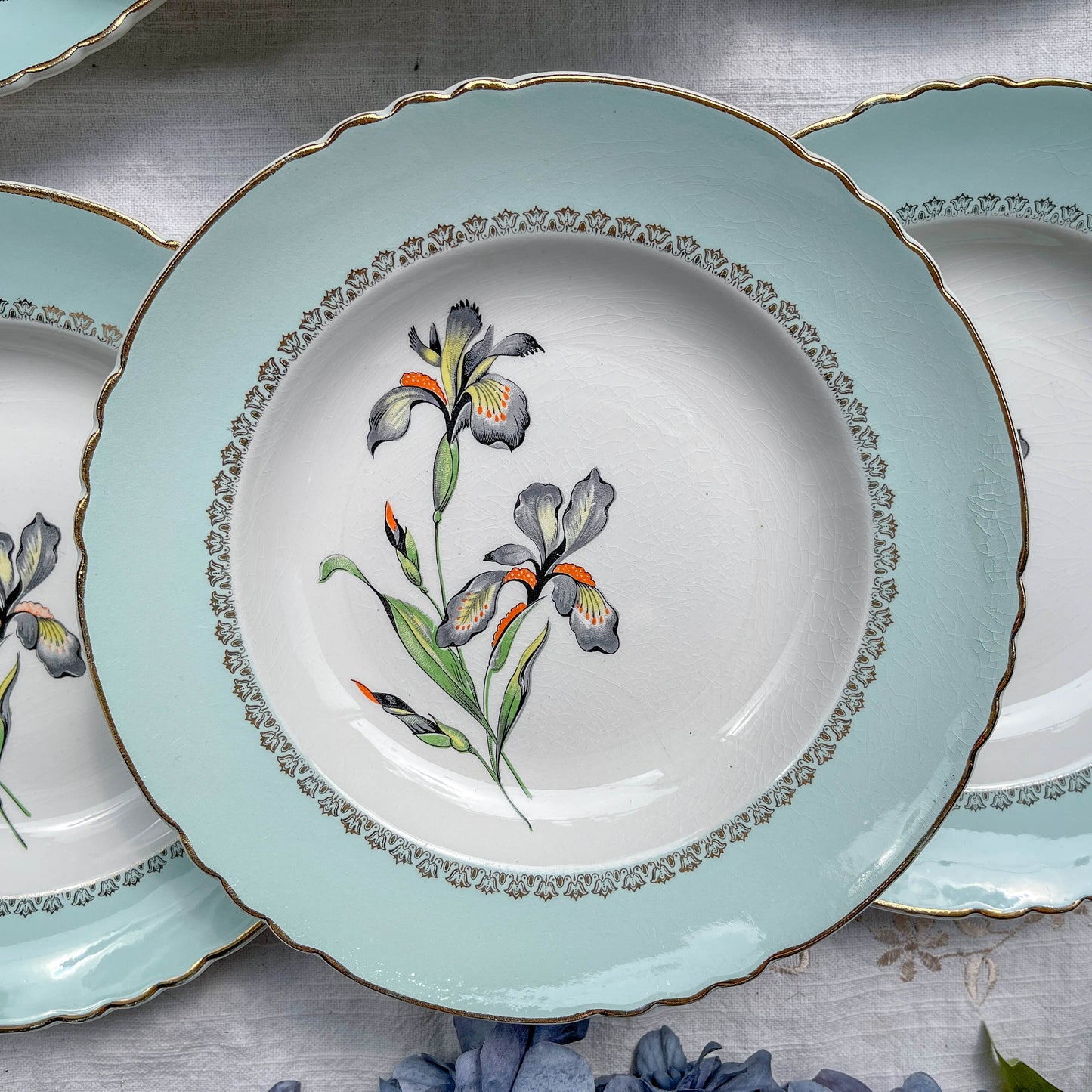 6 Assiettes creuses porcelaine vintage blanche verte Iris Moulin des Loups "Sargosse" 1950s