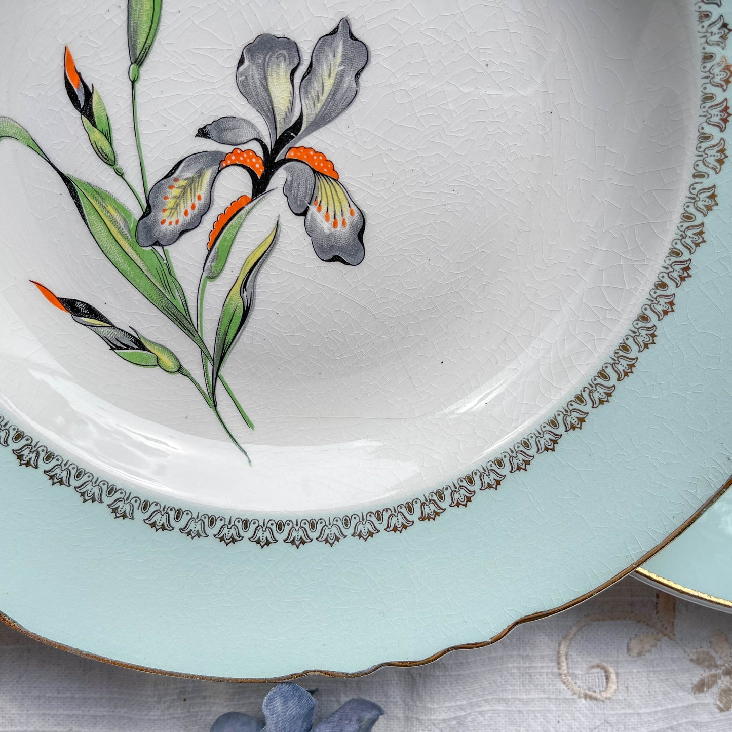 6 Assiettes creuses porcelaine vintage blanche verte Iris Moulin des Loups "Sargosse" 1950s