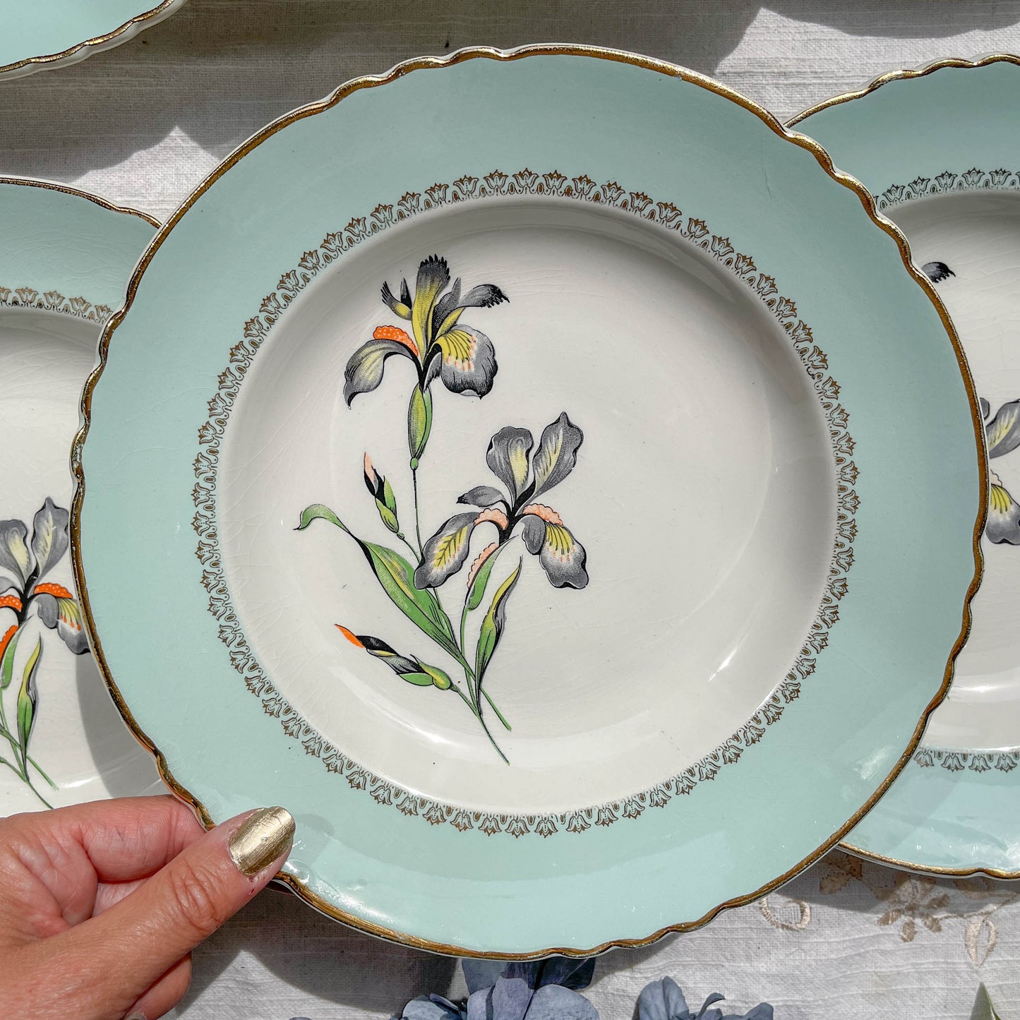 6 Assiettes creuses porcelaine vintage blanche verte Iris Moulin des Loups "Sargosse" 1950s