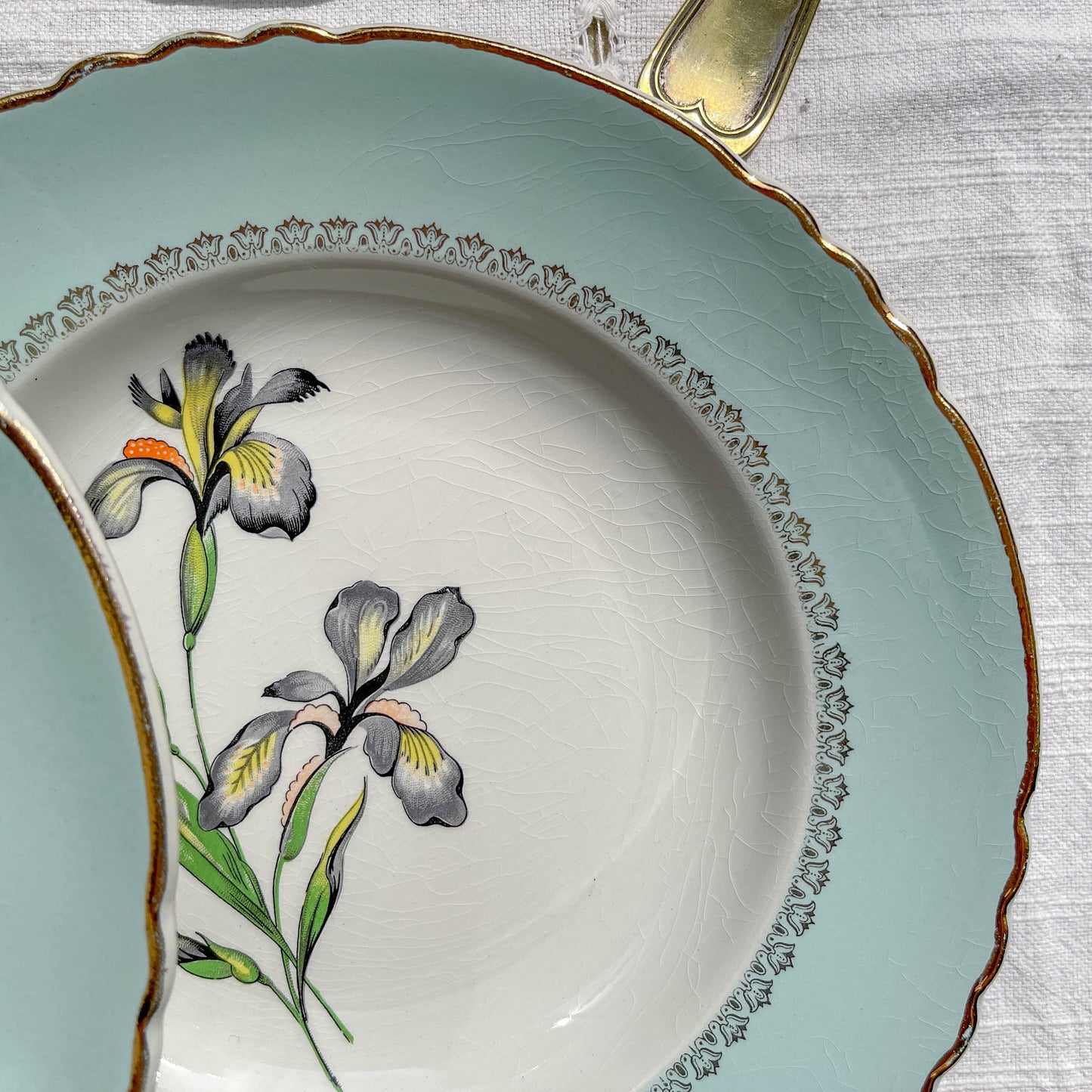 6 Assiettes creuses porcelaine vintage blanche verte Iris Moulin des Loups "Sargosse" 1950s