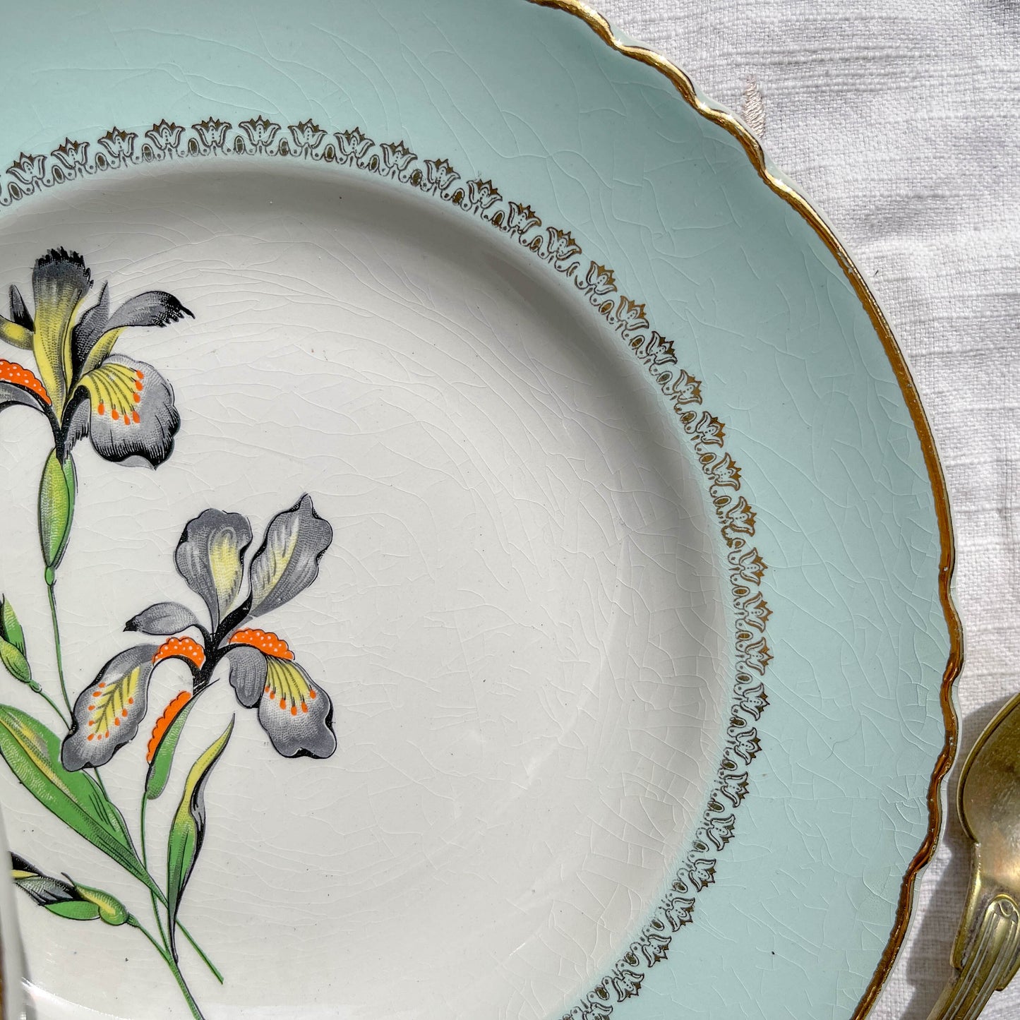 6 Assiettes creuses porcelaine vintage blanche verte Iris Moulin des Loups "Sargosse" 1950s