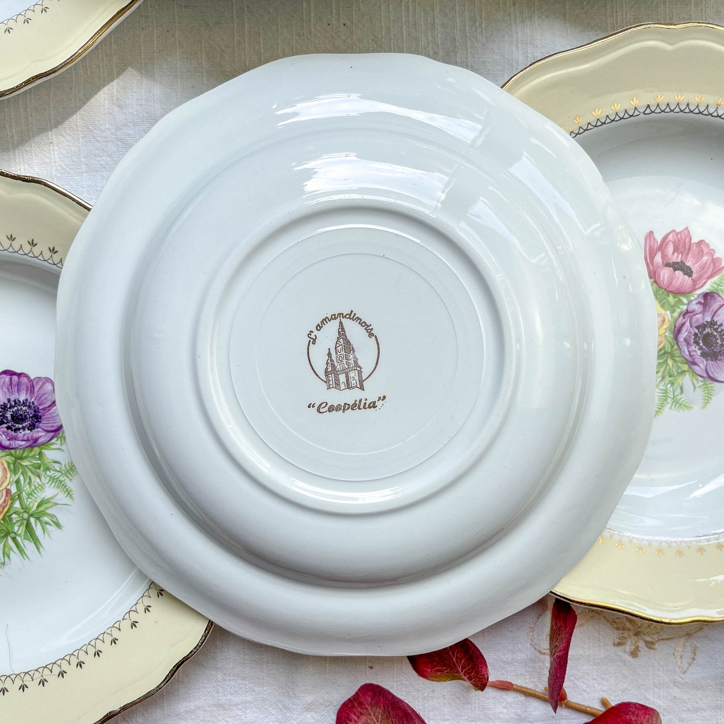 4 Assiettes creuses en porcelaine vintage motif fleuri blanche jaune doré L'Amandinoise "Coopélia"