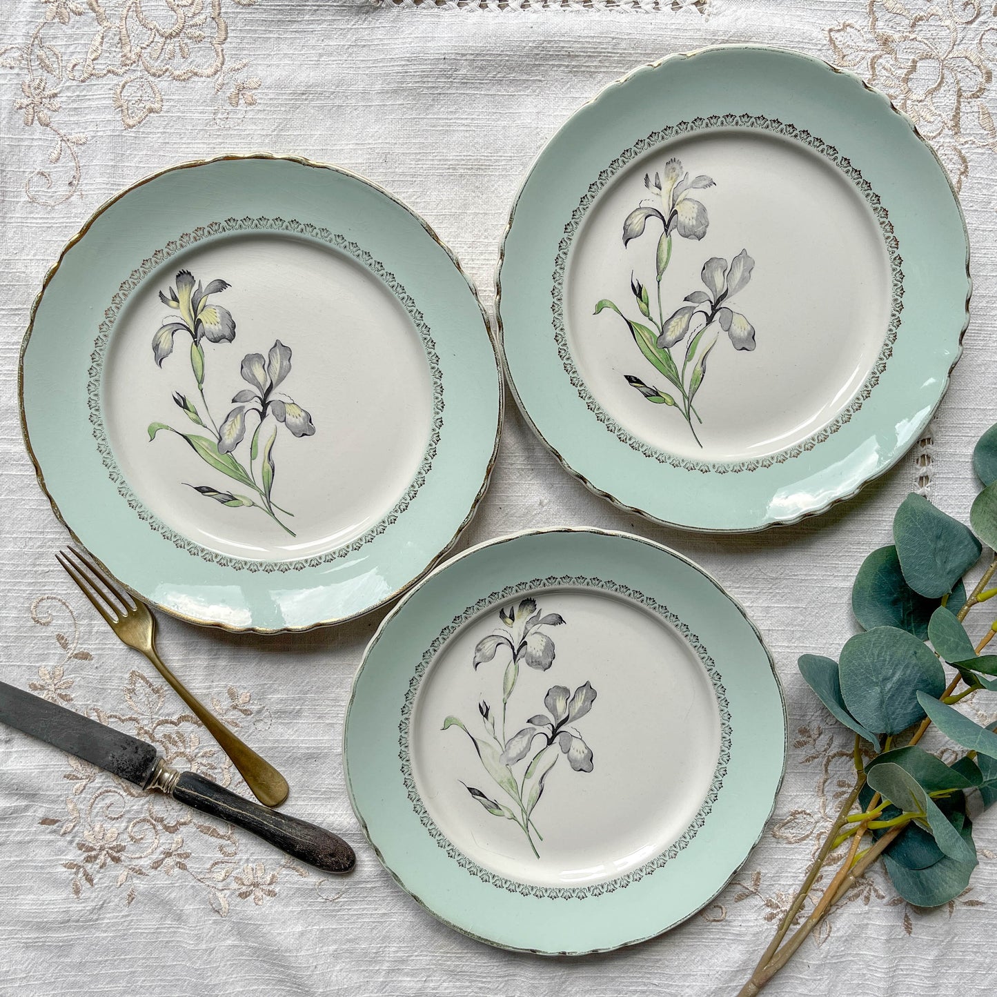 6 assiettes vintage en porcelaine française dépareillées – Jaune, vert, fleuri – Moulin des Loups - L'Amandinoise