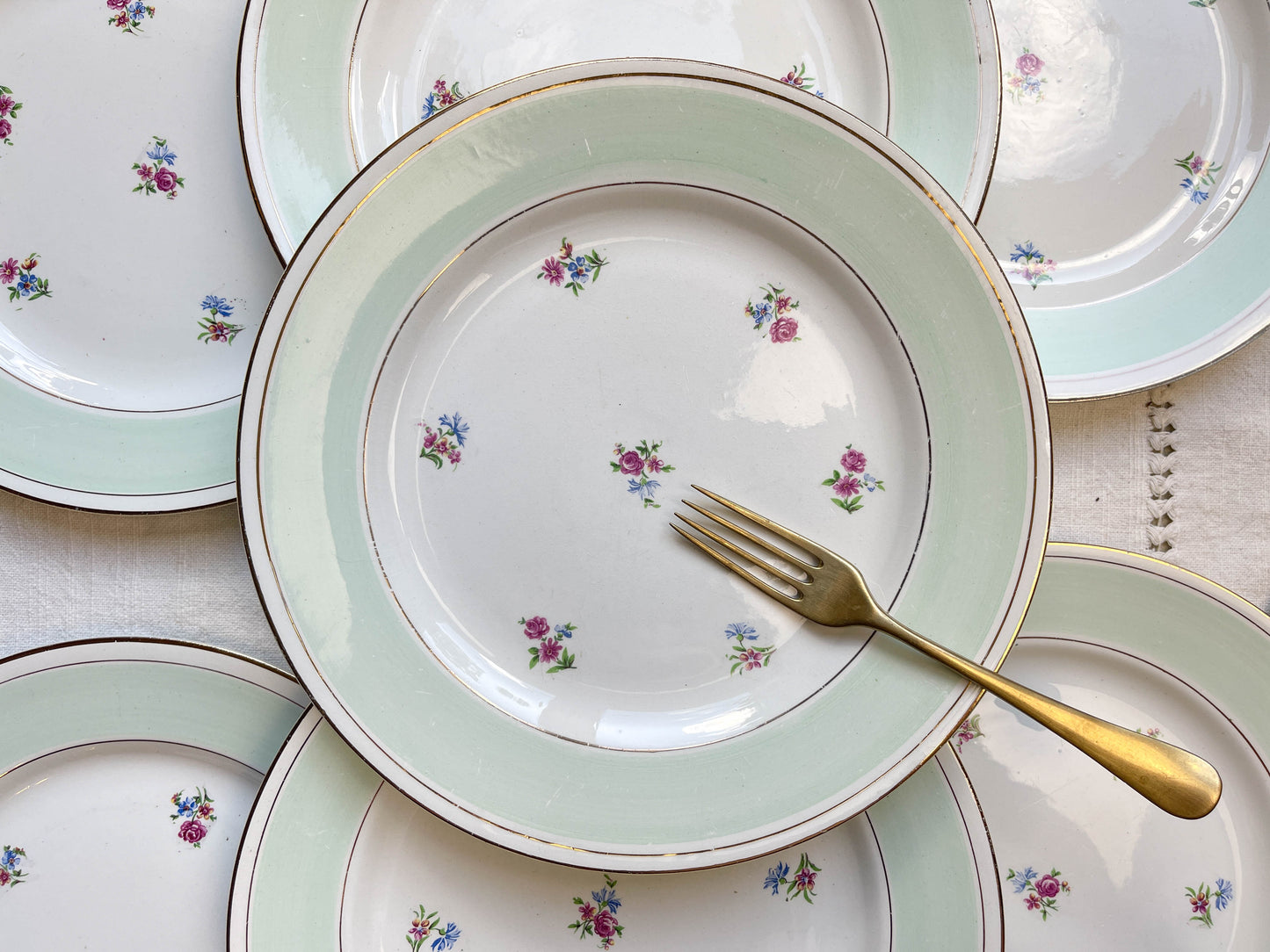 7 Assiettes plates en faïence blanche verte dorée fleuries SALINS 66 made in France