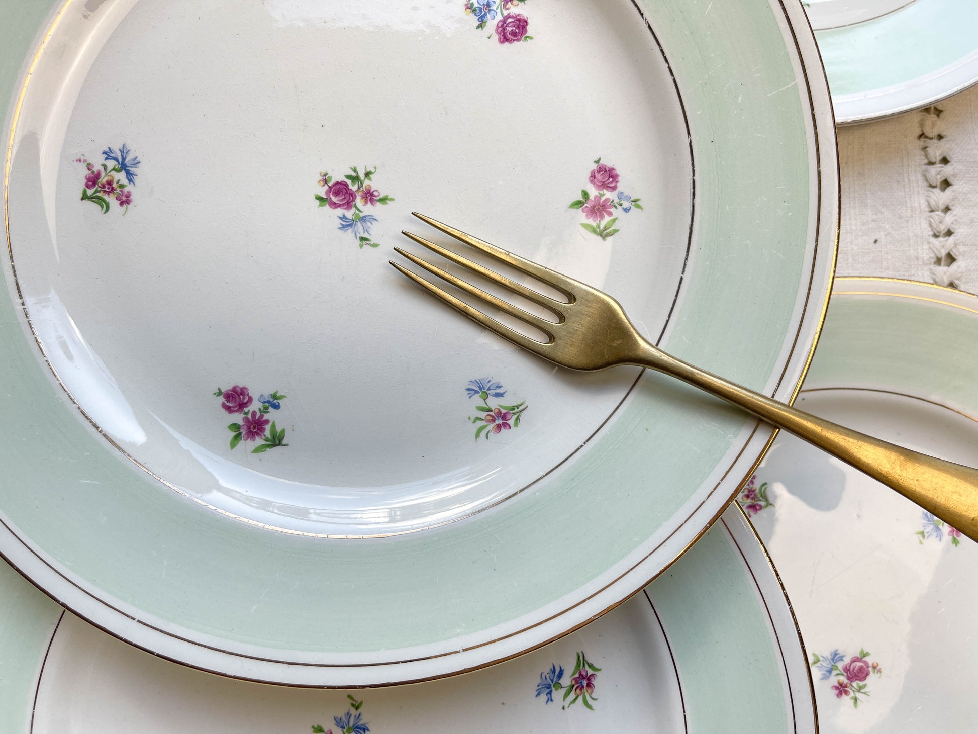7 Assiettes plates en faïence blanche verte dorée fleuries SALINS 66 made in France