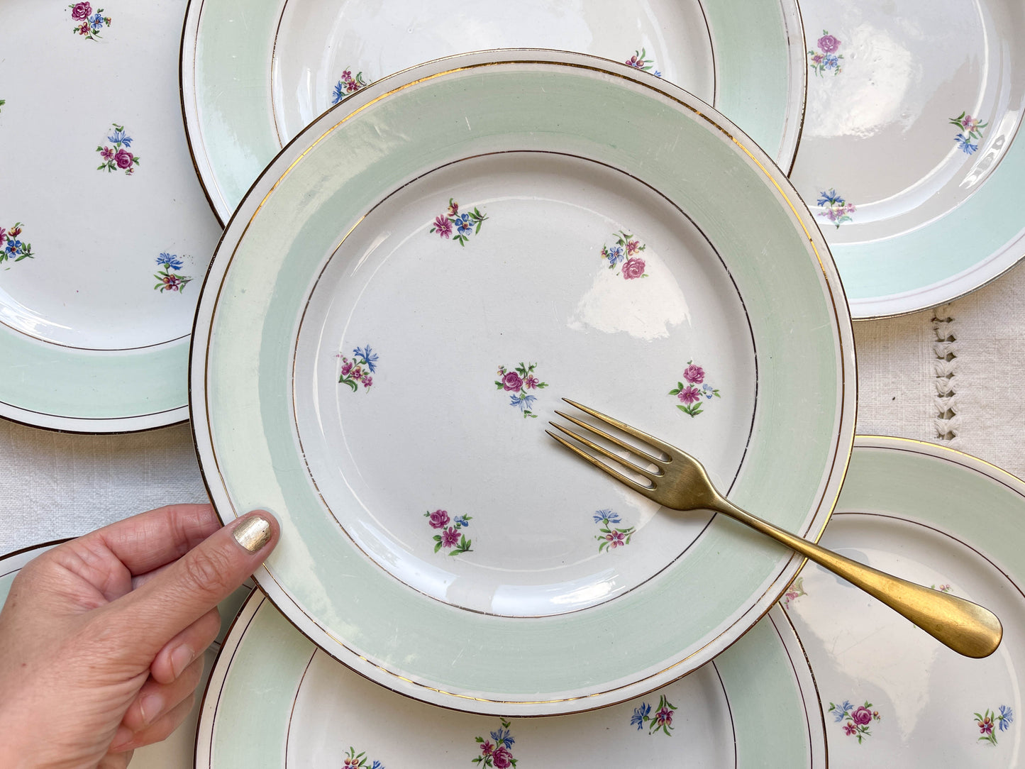 7 Assiettes plates en faïence blanche verte dorée fleuries SALINS 66 made in France