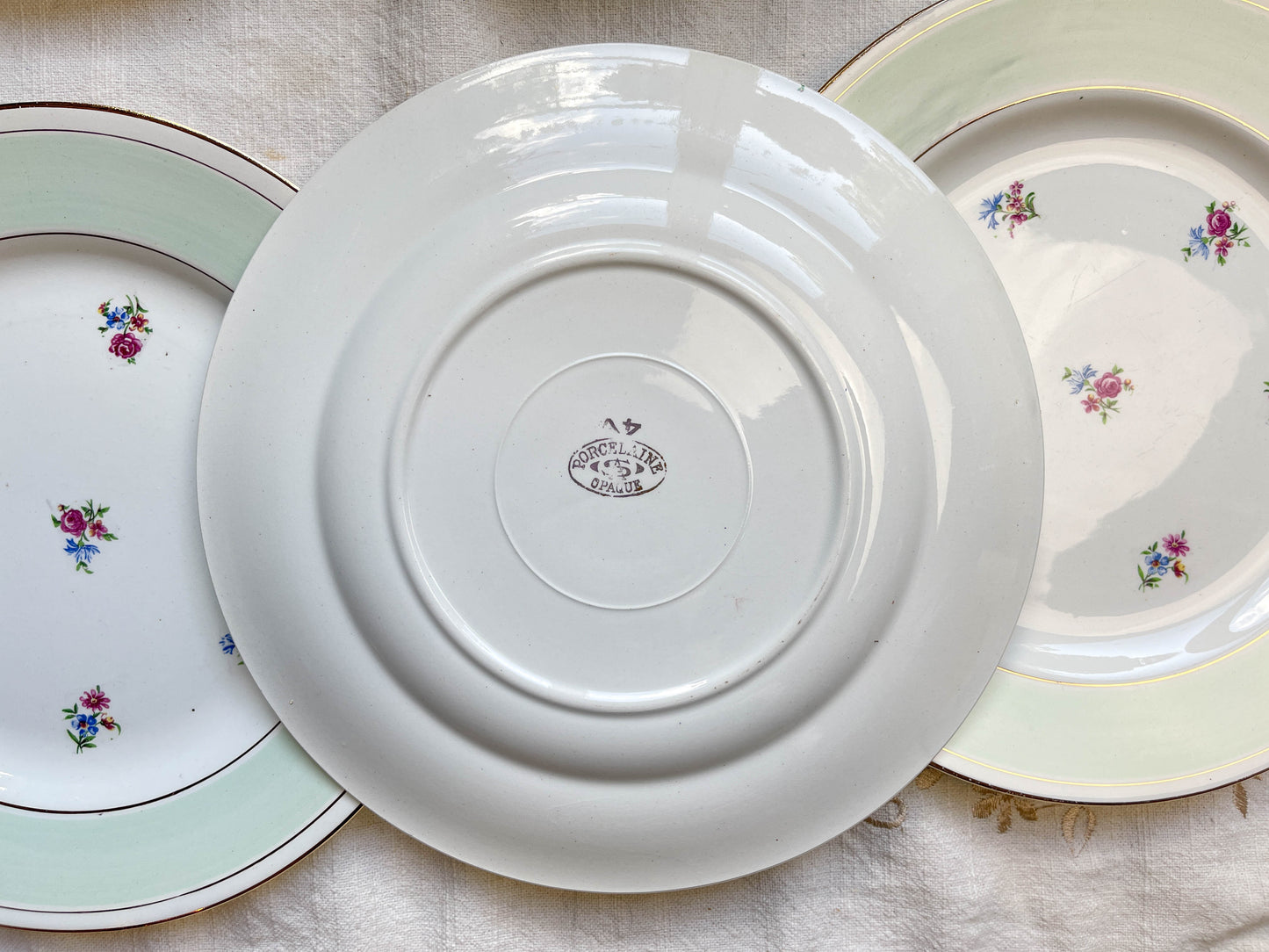 7 Assiettes plates en faïence blanche verte dorée fleuries SALINS 66 made in France