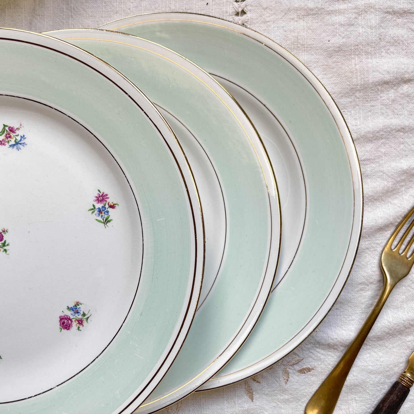 7 Assiettes plates en faïence blanche verte dorée fleuries SALINS 66 made in France