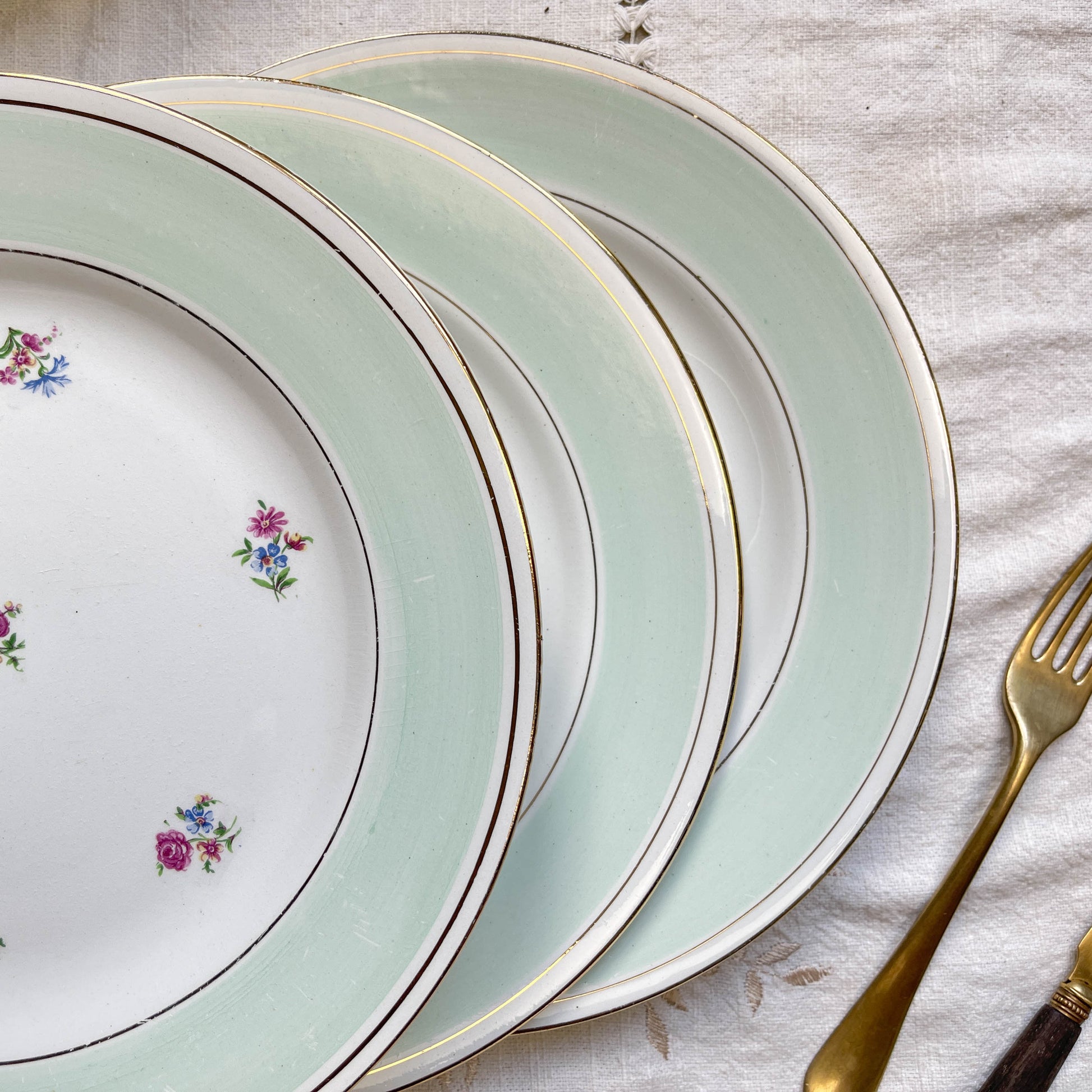 7 Assiettes plates en faïence blanche verte dorée fleuries SALINS 66 made in France