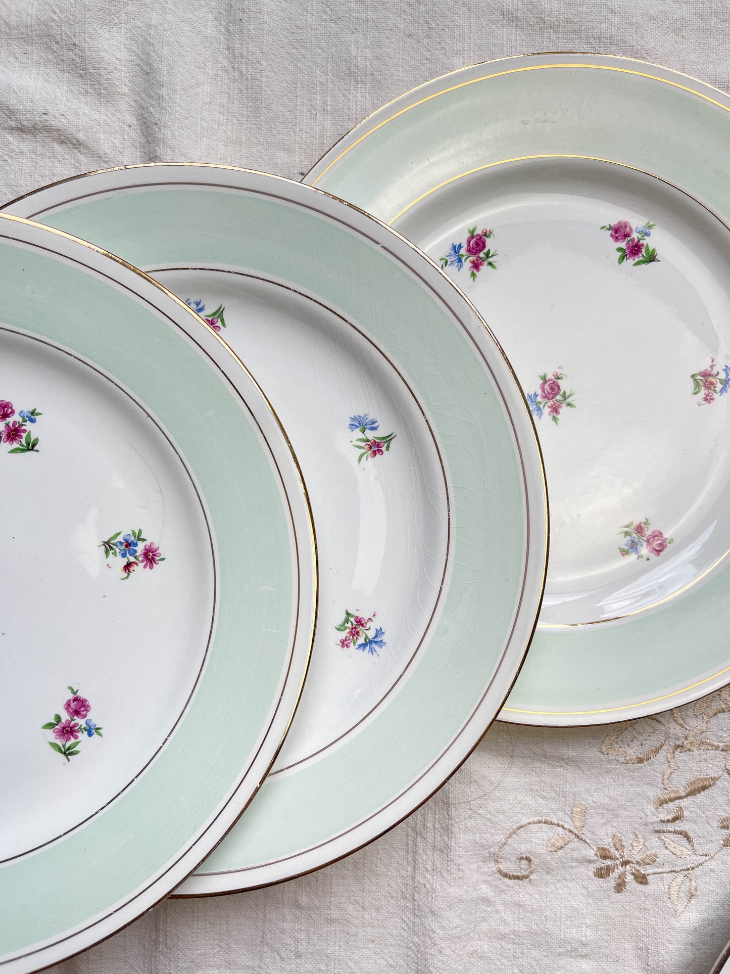 7 Assiettes plates en faïence blanche verte dorée fleuries SALINS 66 made in France