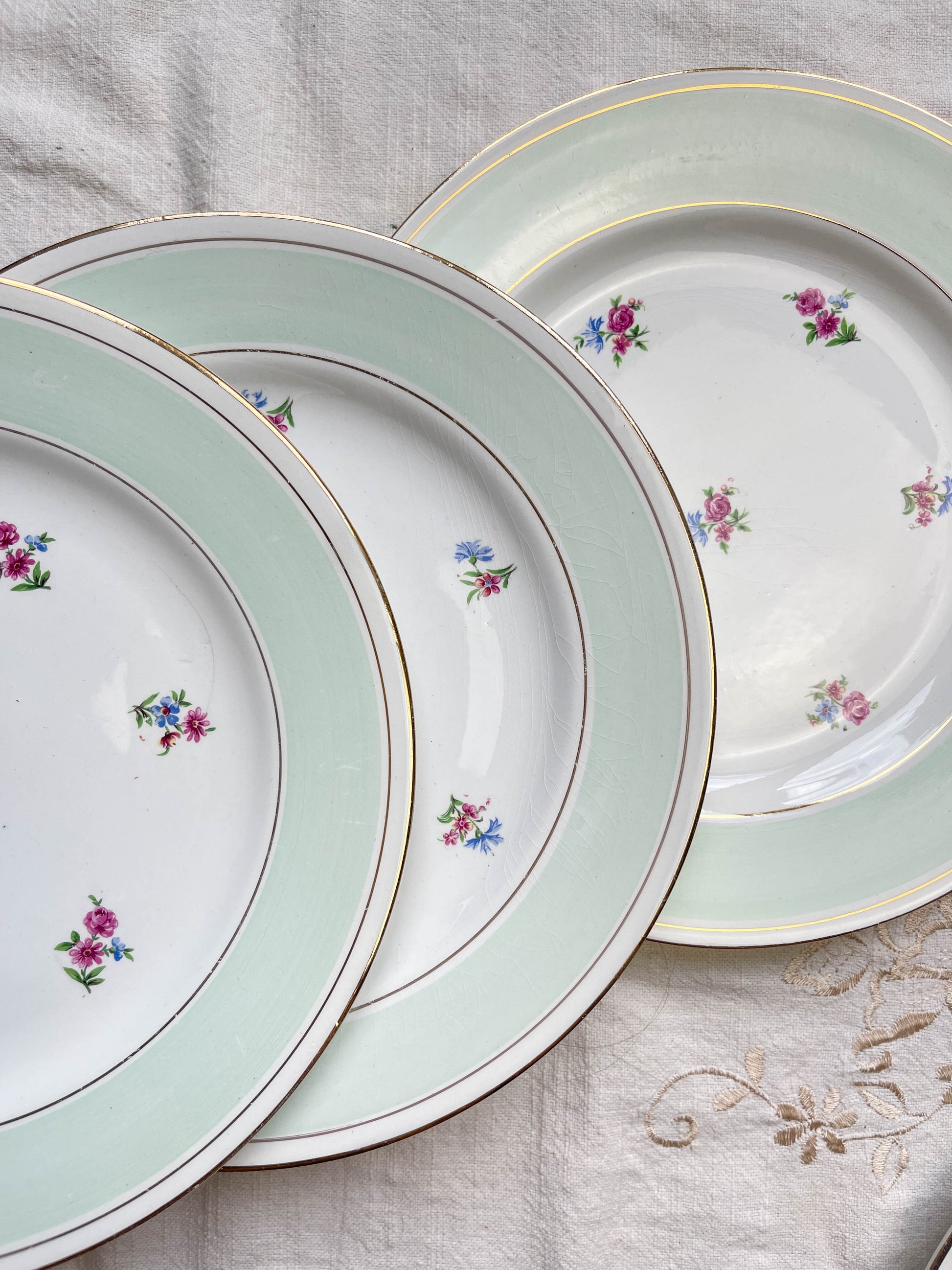 7 Assiettes plates en faïence blanche verte dorée fleuries SALINS 66 made in France