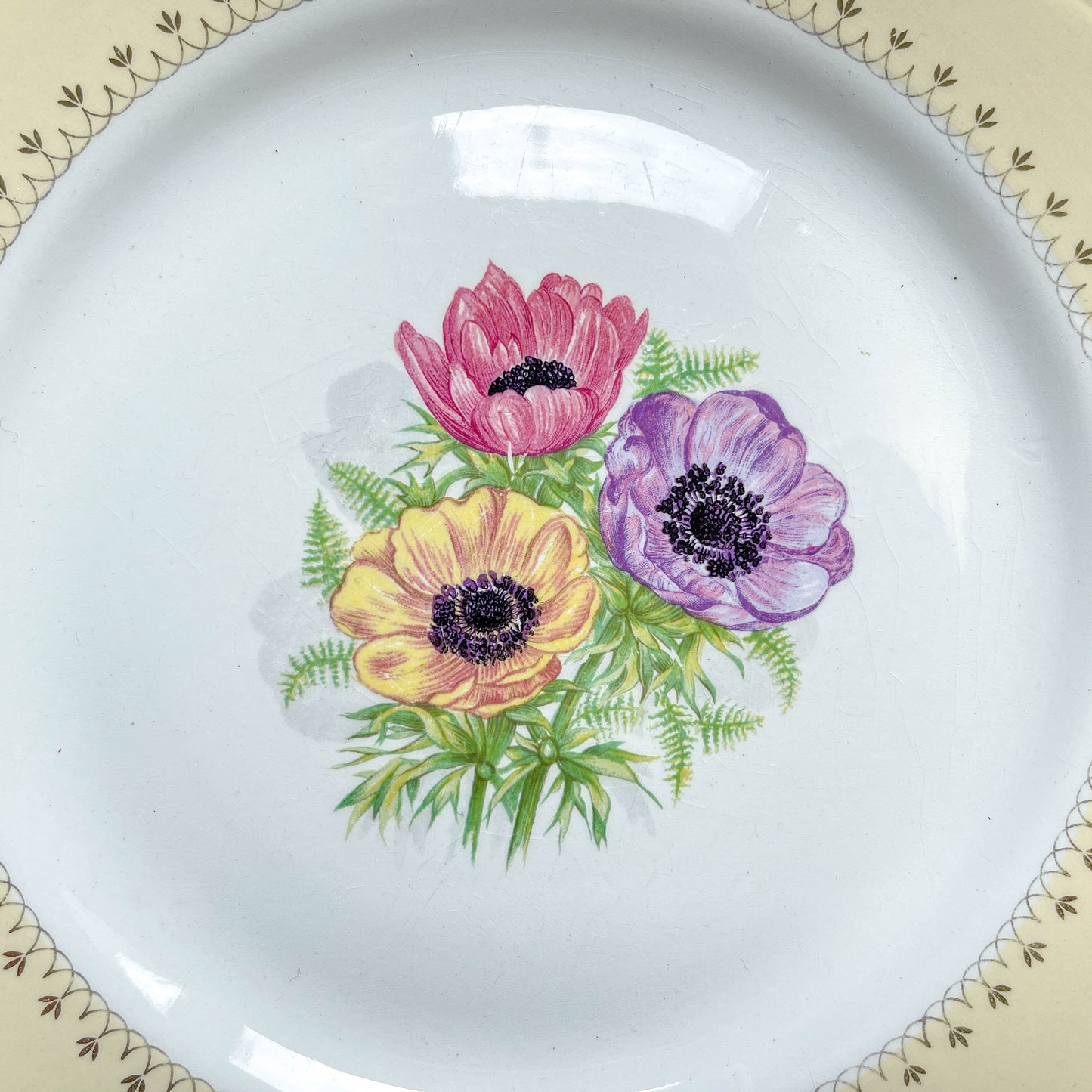 6 Assiettes plates en porcelaine vintage motif fleuri blanche jaune doré L'Amandinoise "Coopélia" -Vaisselle vintage fleurie