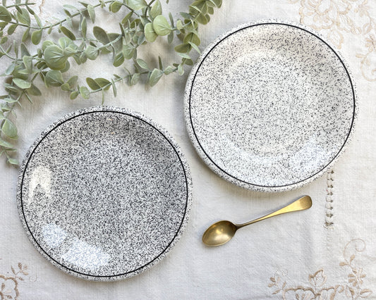 2 Petites assiettes vintage en faïence Italienne mouchetée noir et blanc