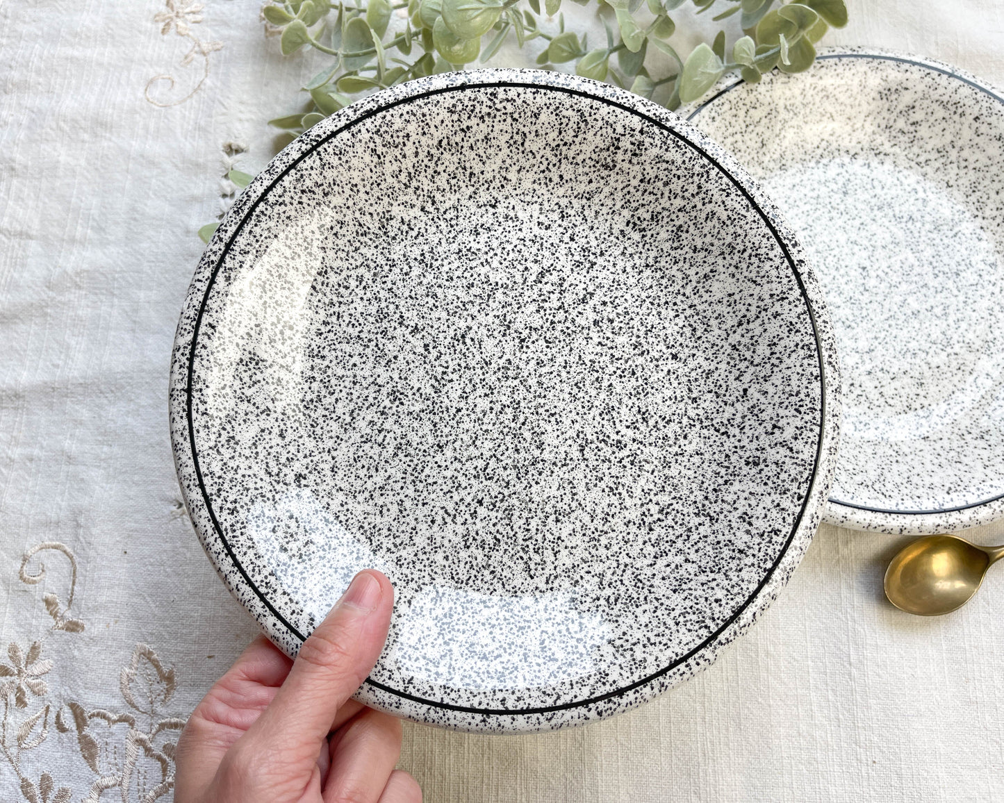 2 Vintage small plates in black and white speckled Italian earthenware