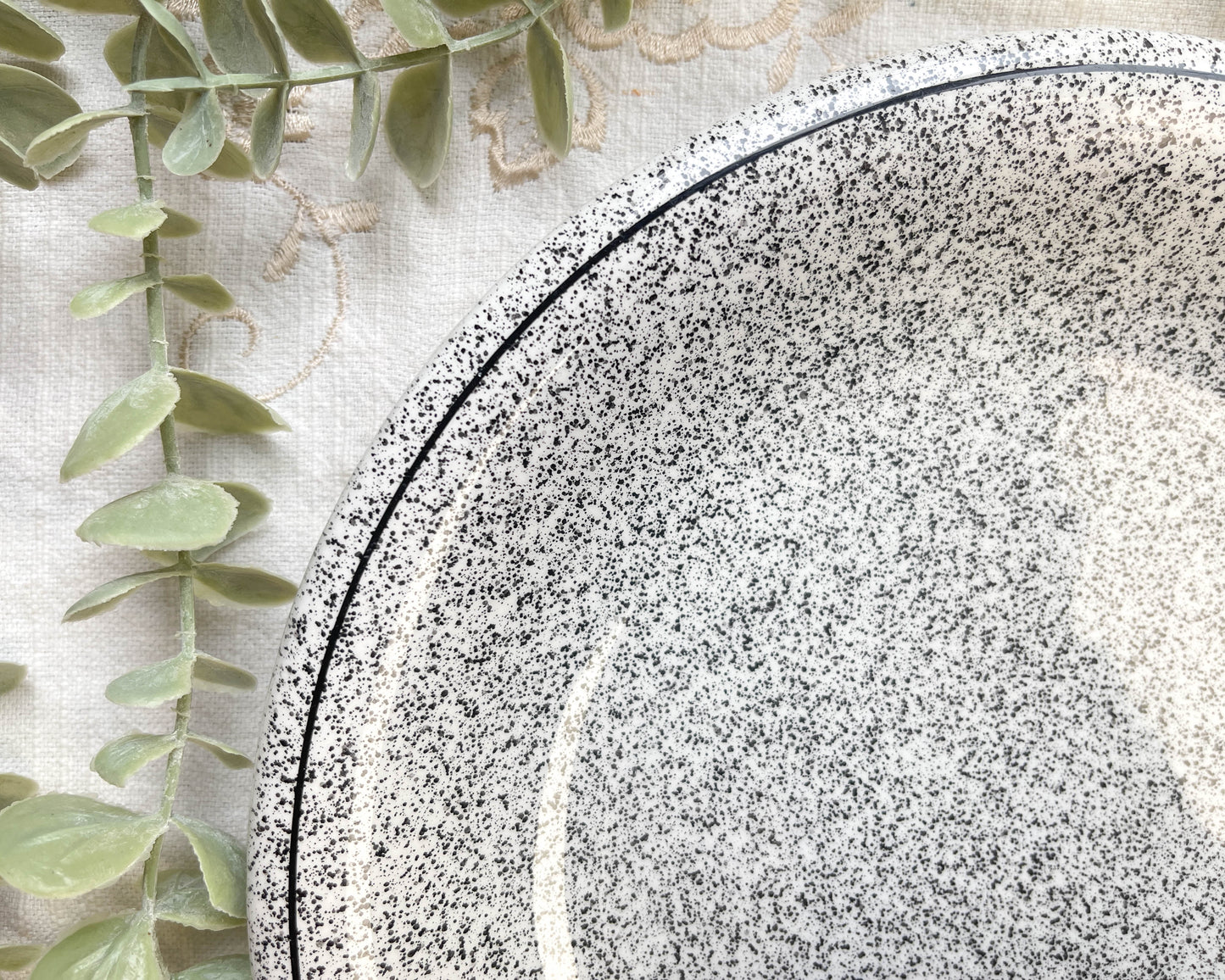 3 Italian earthenware plates with black and white speckles