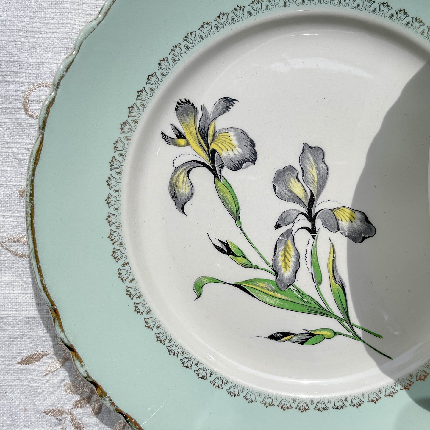 6 Assiettes plates porcelaine vintage blanche verte Iris Moulin des Loups "Sargosse" 1950s