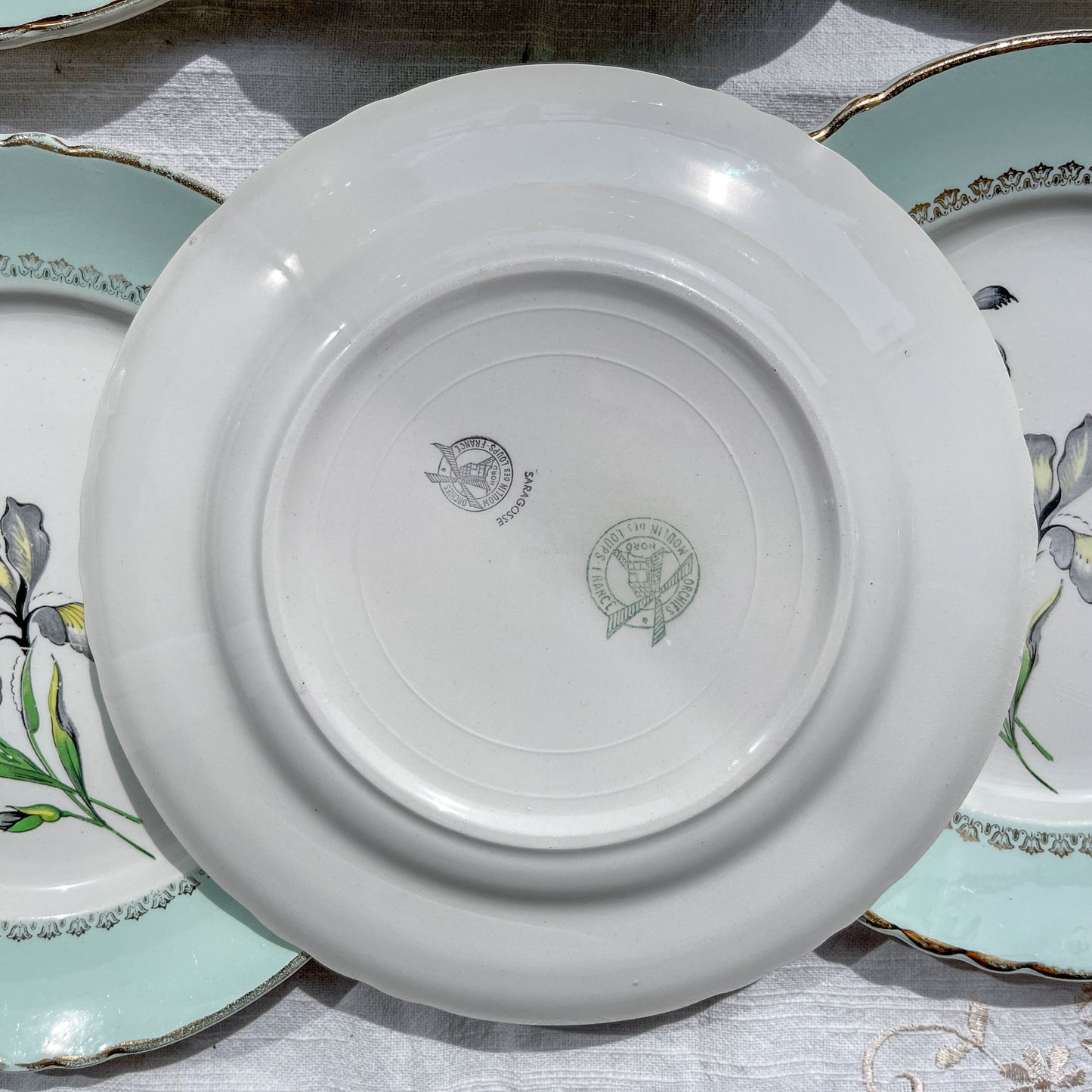 6 Assiettes plates porcelaine vintage blanche verte Iris Moulin des Loups "Sargosse" 1950s