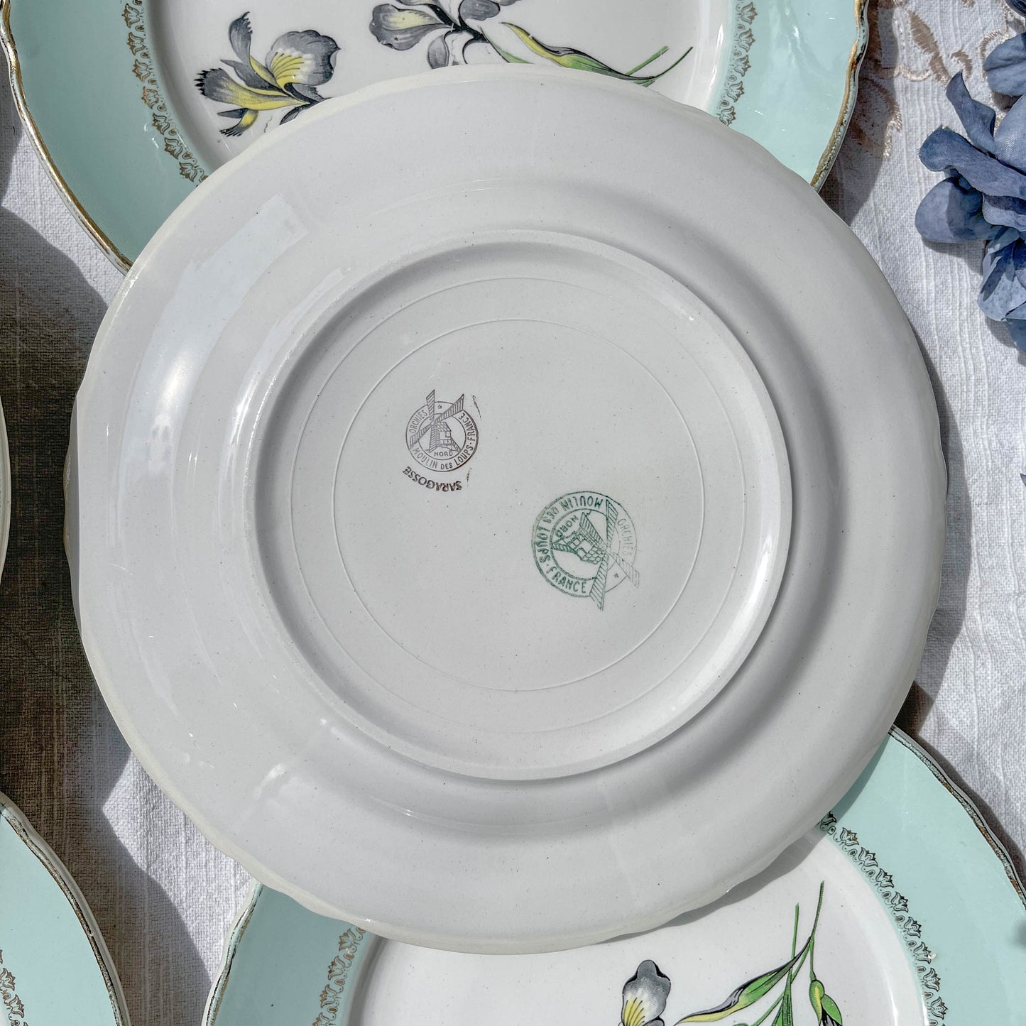 6 Assiettes plates porcelaine vintage blanche verte Iris Moulin des Loups "Sargosse" 1950s