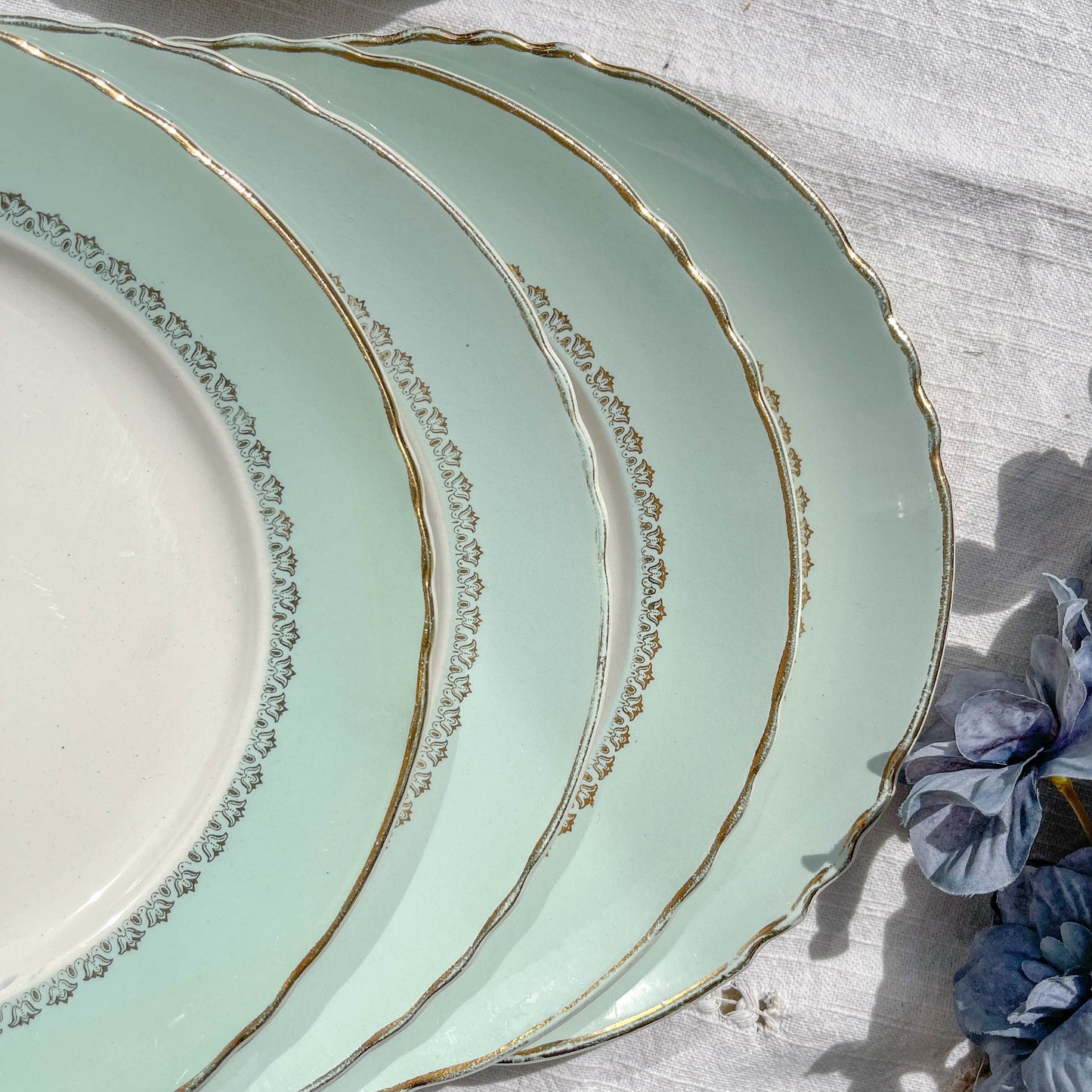 6 Assiettes plates porcelaine vintage blanche verte Iris Moulin des Loups "Sargosse" 1950s