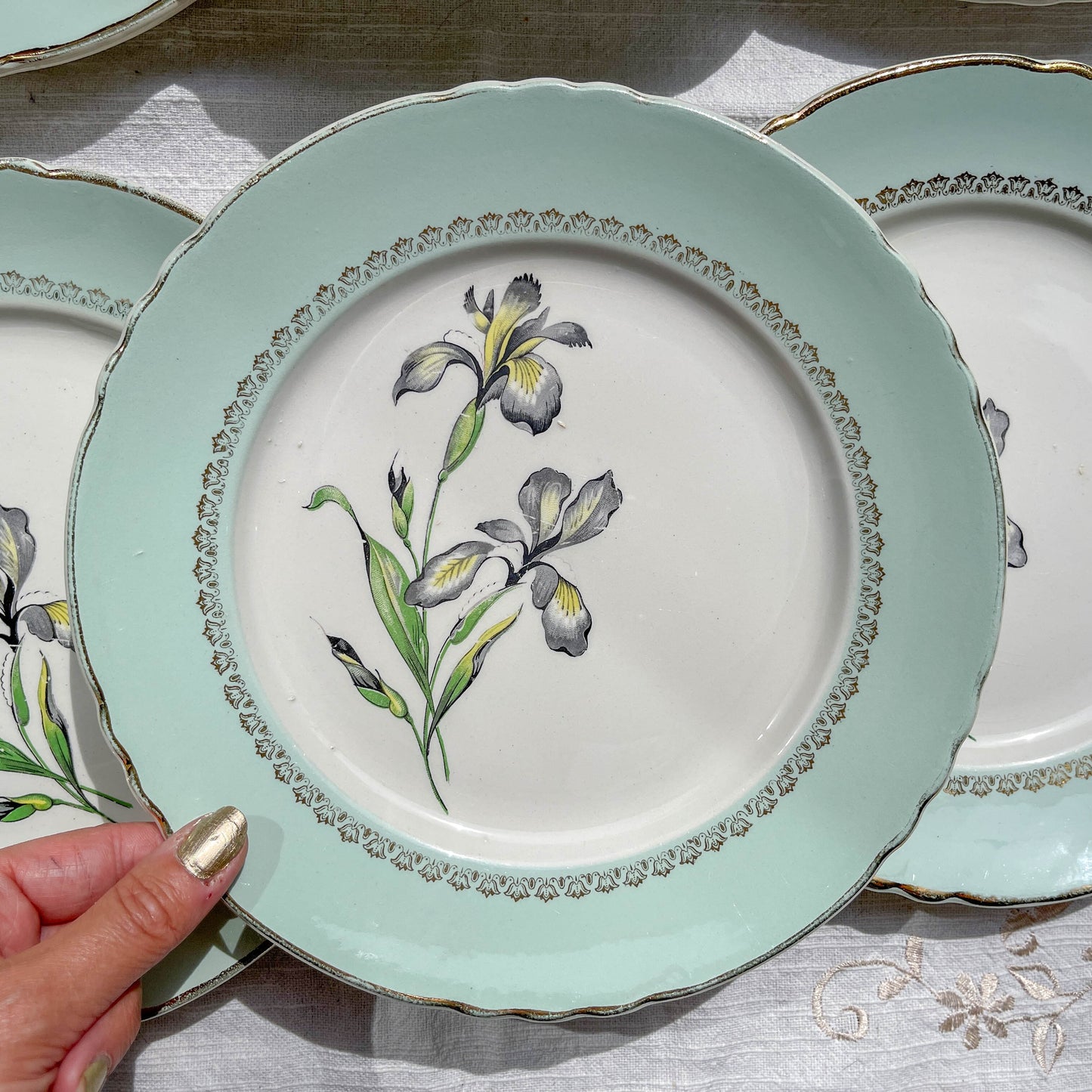 6 Assiettes plates porcelaine vintage blanche verte Iris Moulin des Loups "Sargosse" 1950sv
