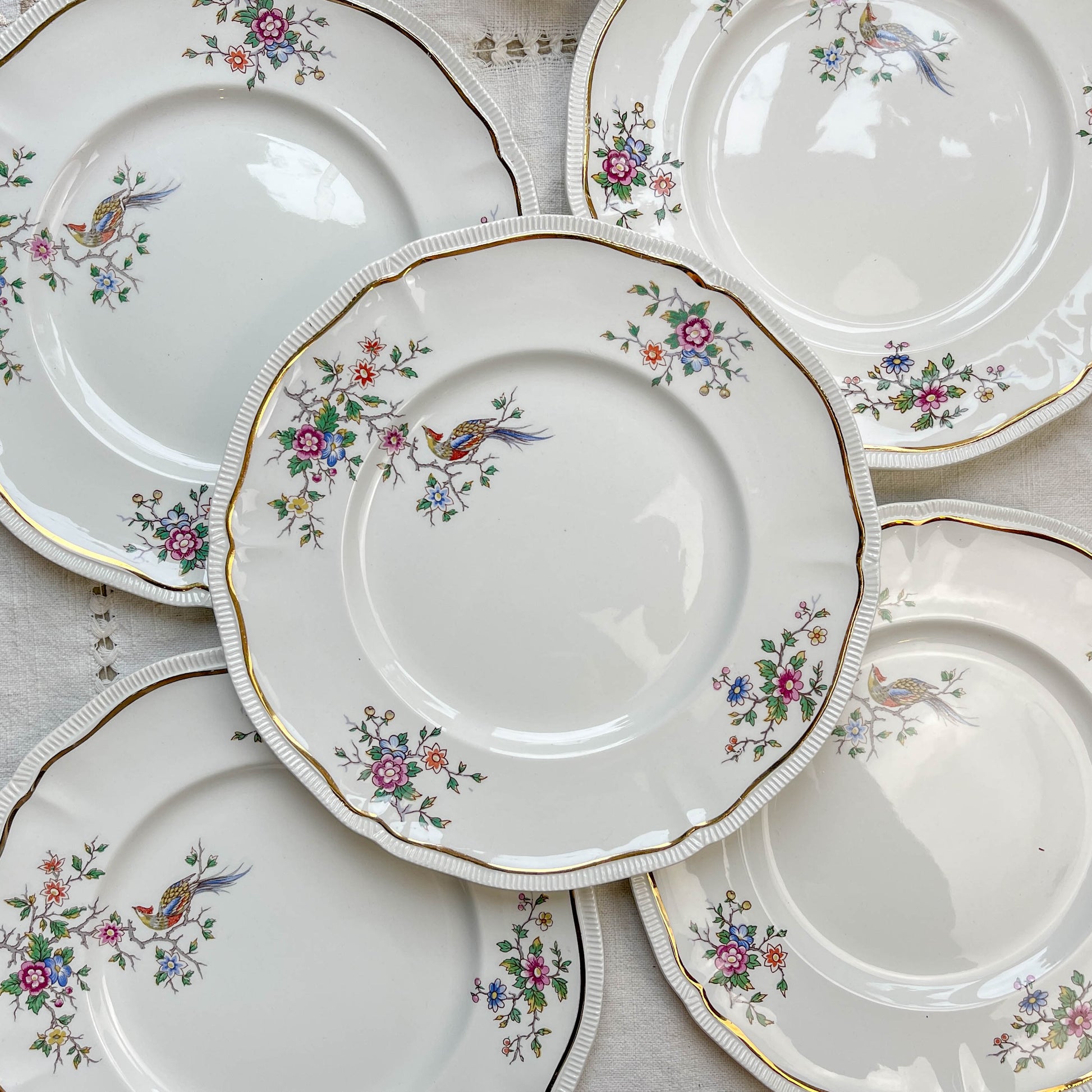 Lot de 5 grandes assiettes vintage en porcelaine Longchamp Chantilly, motif floral et oiseau de paradis, liseré doré, années 1970, vaisselle ancienne française
