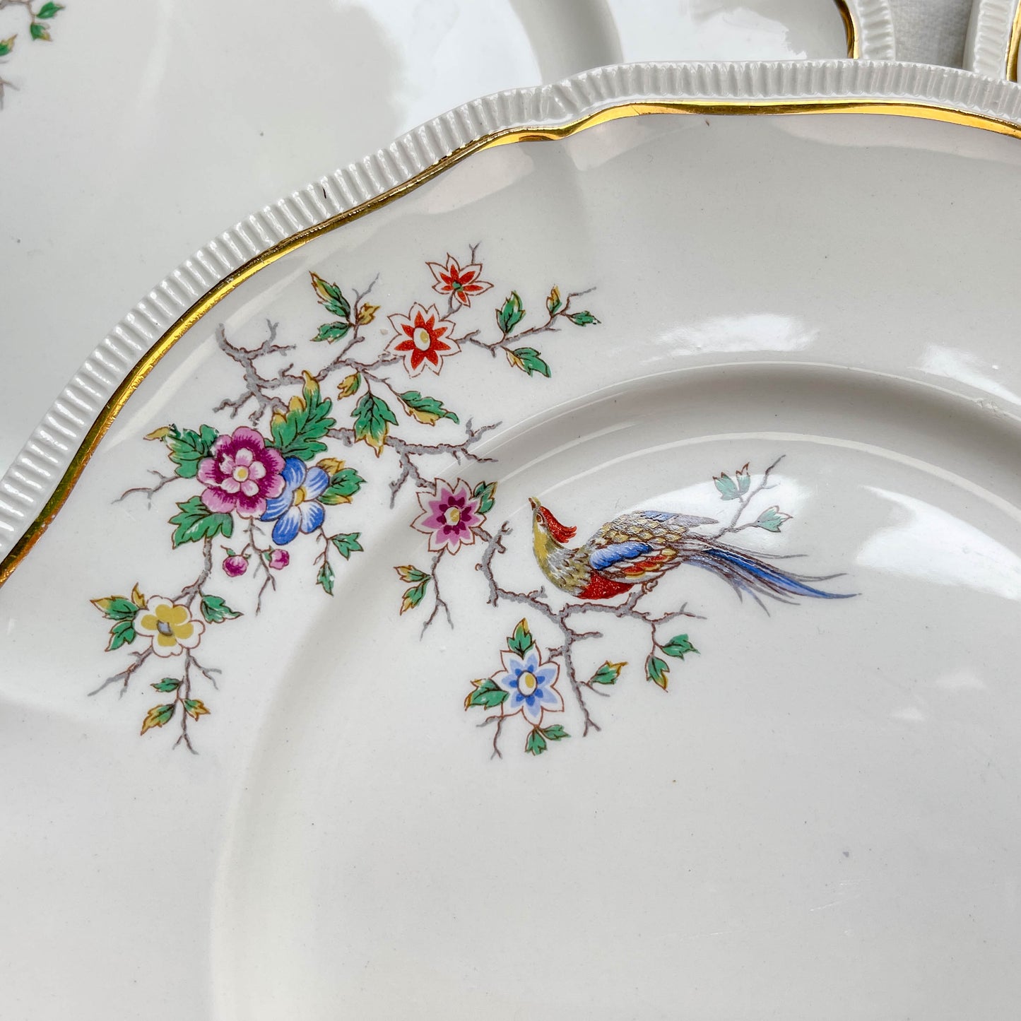 Lot de 5 grandes assiettes vintage en porcelaine Longchamp Chantilly, motif floral et oiseau de paradis, liseré doré, années 1970, vaisselle ancienne française