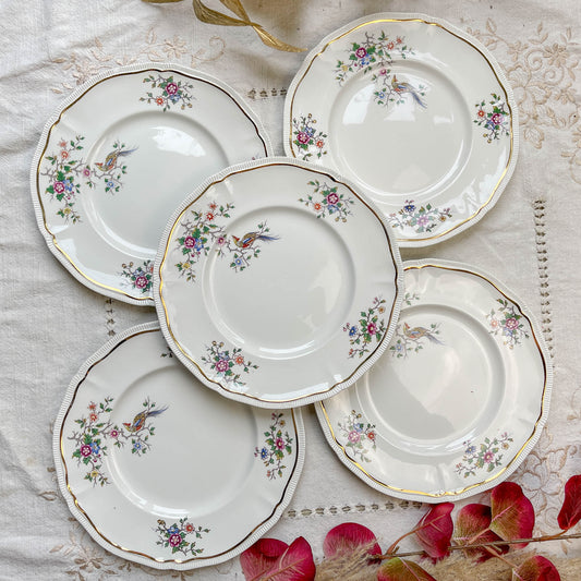 Lot de 5 grandes assiettes vintage en porcelaine Longchamp Chantilly, motif floral et oiseau de paradis, liseré doré, années 1970, vaisselle ancienne française