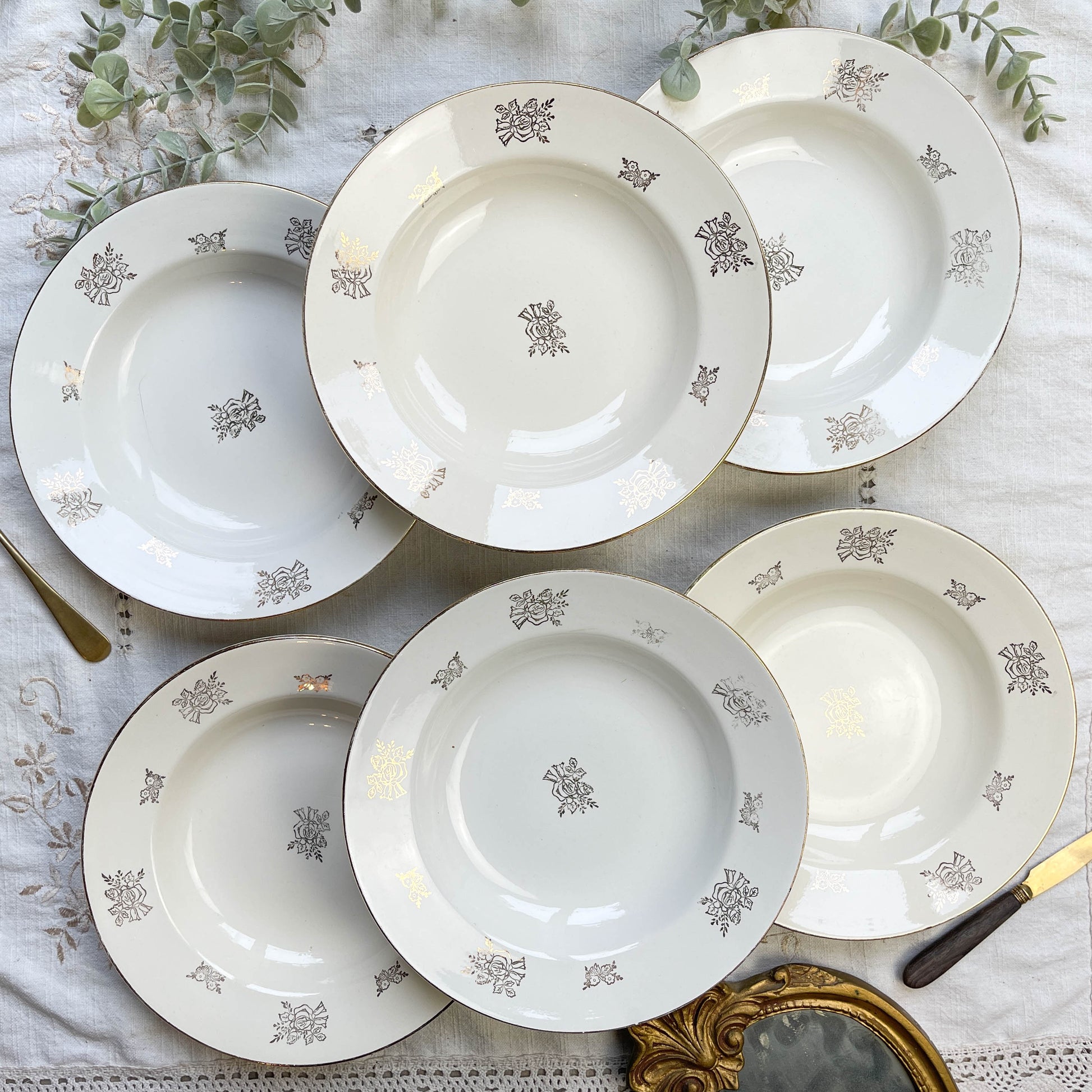 6 Assiettes creuses vintage en porcelaine DIGOIN & SARREGUEMINES France 1950 petites fleurs dorées