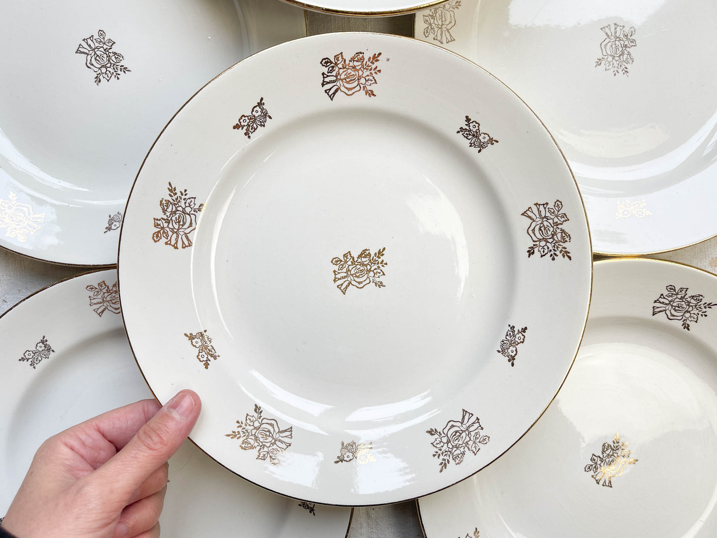8 Assiettes vintage en porcelaine DIGOIN & SARREGUEMINES France 1950 petites fleurs dorées