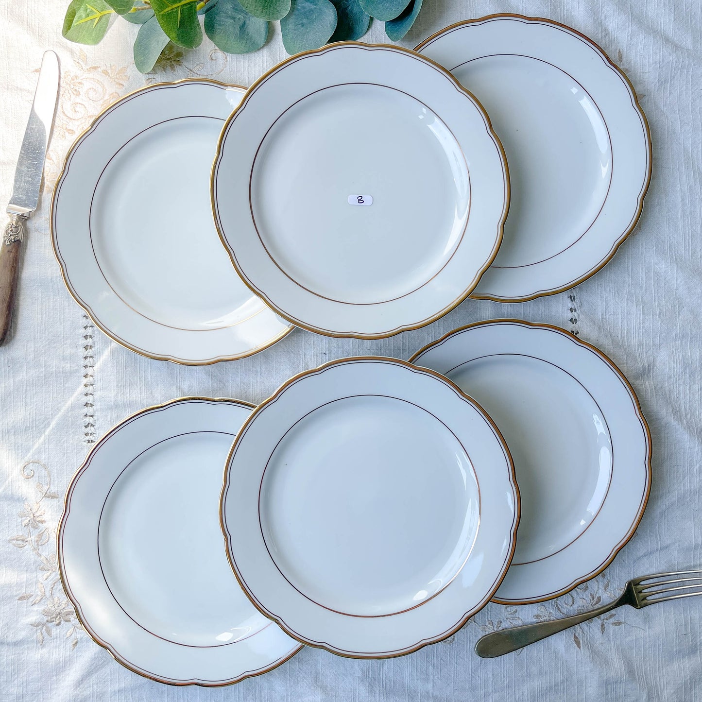 6 Assiettes plates vintage en porcelaine blanche et doré Kahla Gbr