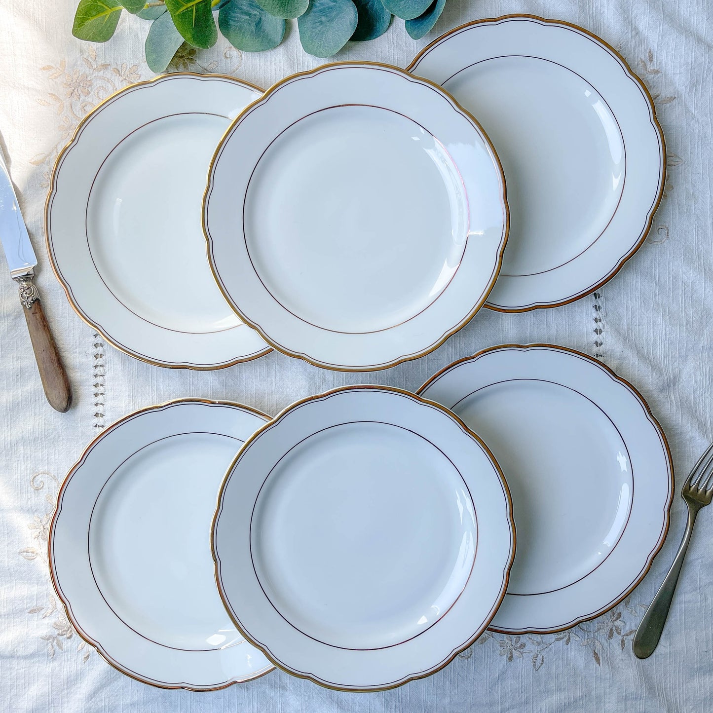 6 Assiettes plates vintage en porcelaine blanche et doré Kahla Gbr