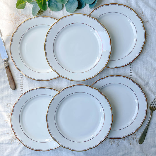 6 Assiettes plates vintage en porcelaine blanche et doré Kahla Gbr