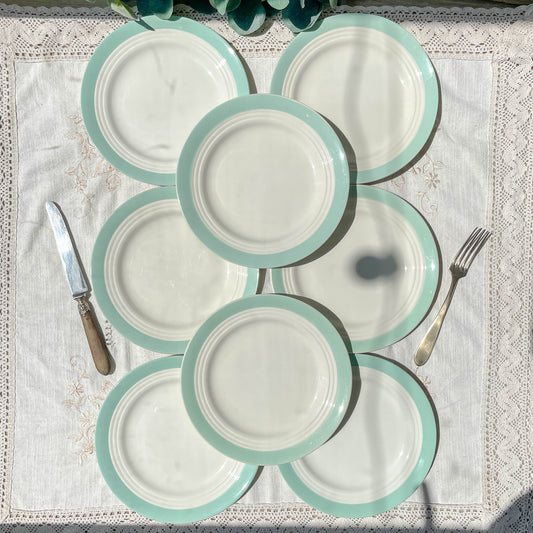 8 assiettes vintage en porcelaine française blanches vertes Céranord
