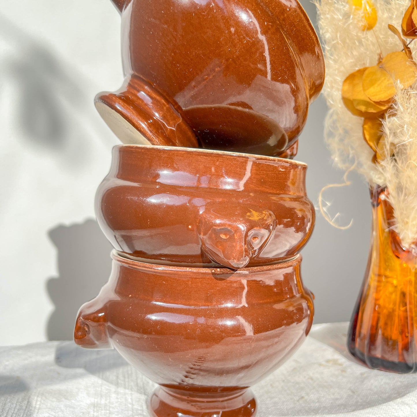 7 Bols à Soupe à l'Oignon Tête de Lion en Céramique Vintage Emile Henry - Marron, Made in France