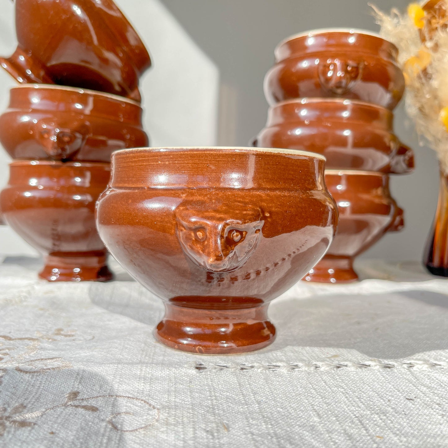 7 Bols à Soupe à l'Oignon Tête de Lion en Céramique Vintage Emile Henry - Marron, Made in France