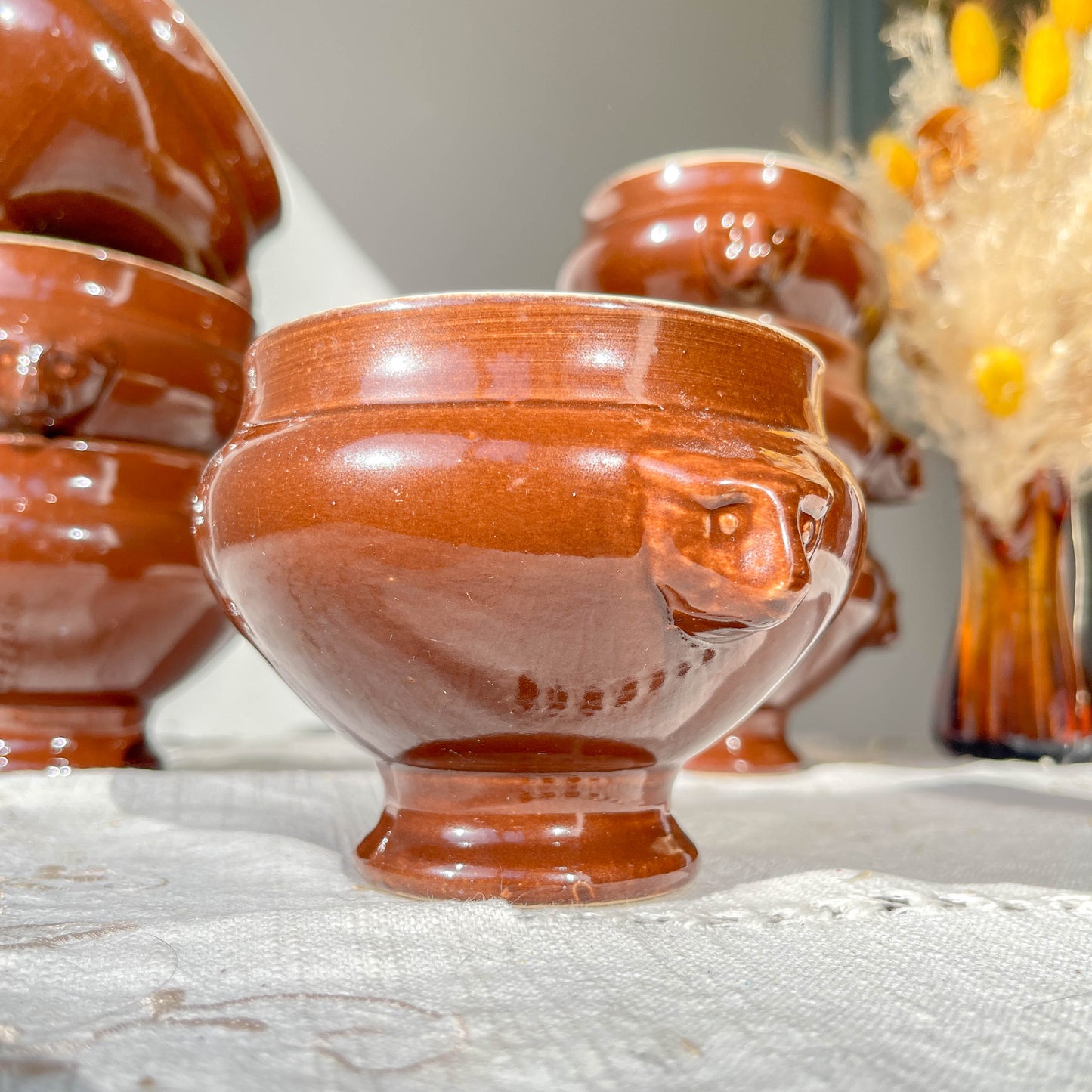 7 Bols à Soupe à l'Oignon Tête de Lion en Céramique Vintage Emile Henry - Marron, Made in France