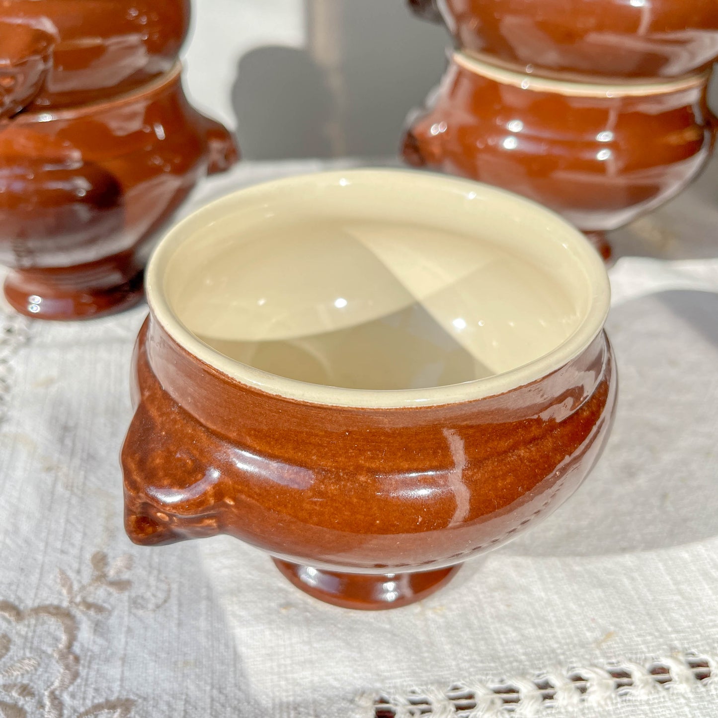 7 Bols à Soupe à l'Oignon Tête de Lion en Céramique Vintage Emile Henry - Marron, Made in France