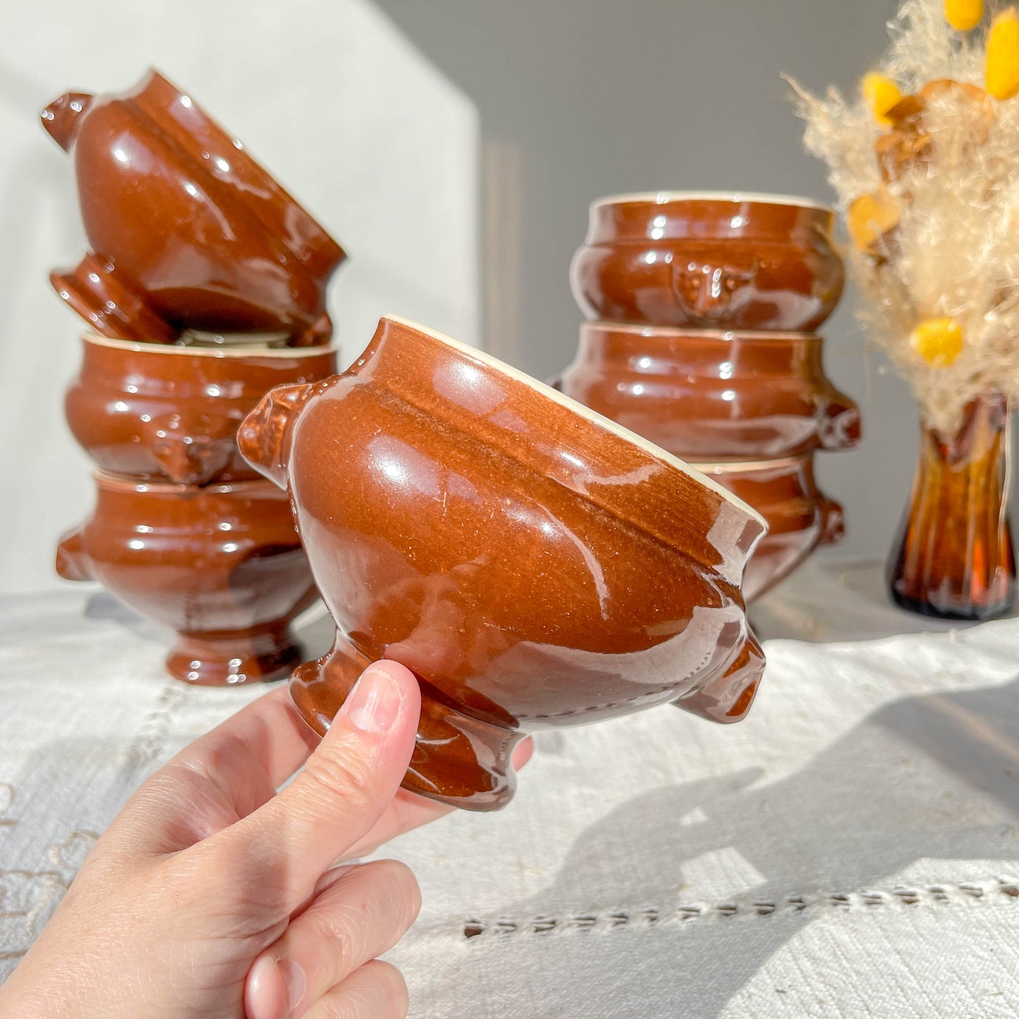 7 Bols à Soupe à l'Oignon Tête de Lion en Céramique Vintage Emile Henry - Marron, Made in France